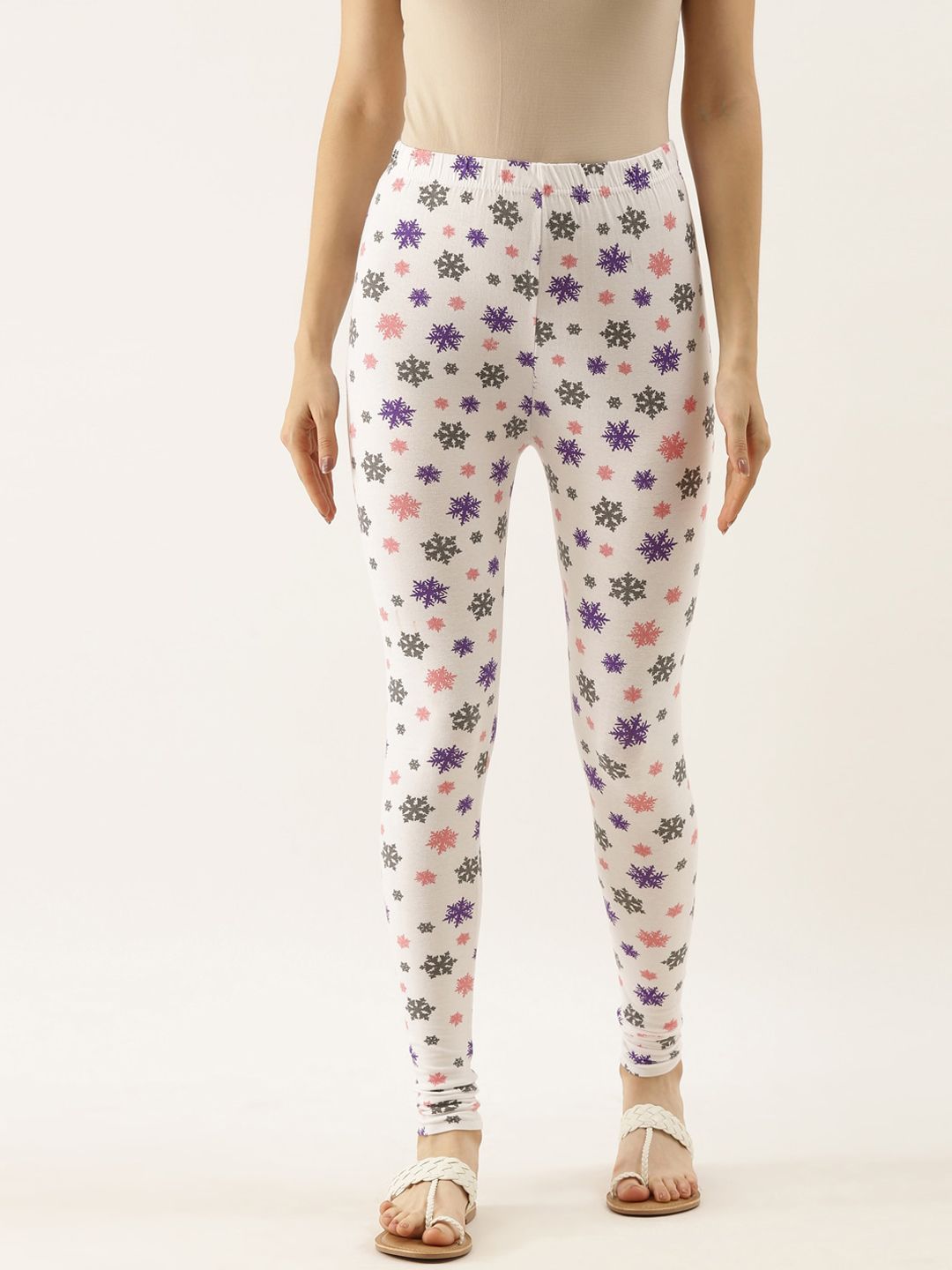 Souchii Women White & Grey Printed Slim-Fit Ankle-Length Leggings