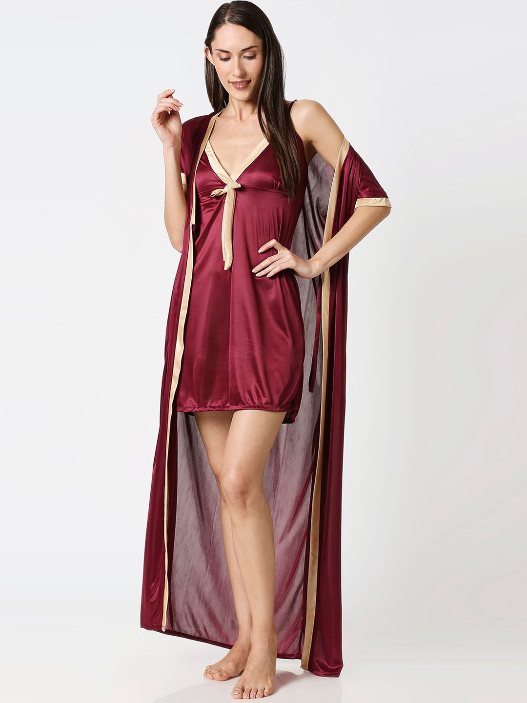 AV2 Women Maroon Solid Nightdress with Robe
