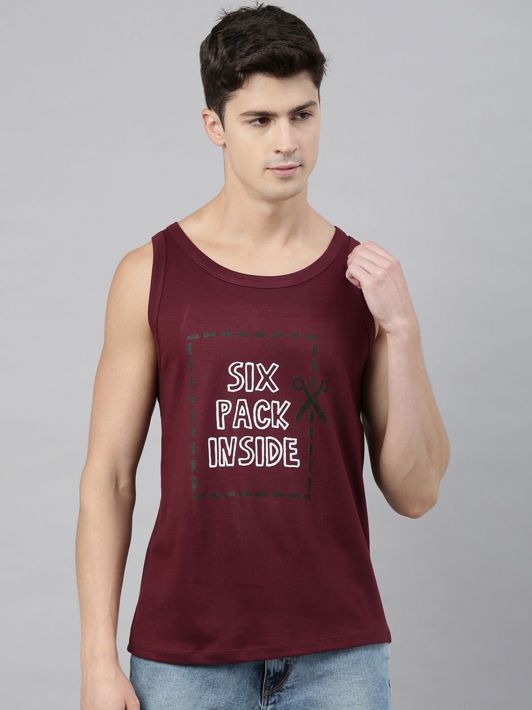 Bushirt Men Maroon Six Inside Printed Pure Cotton Round Neck Sleeveless T-shirt