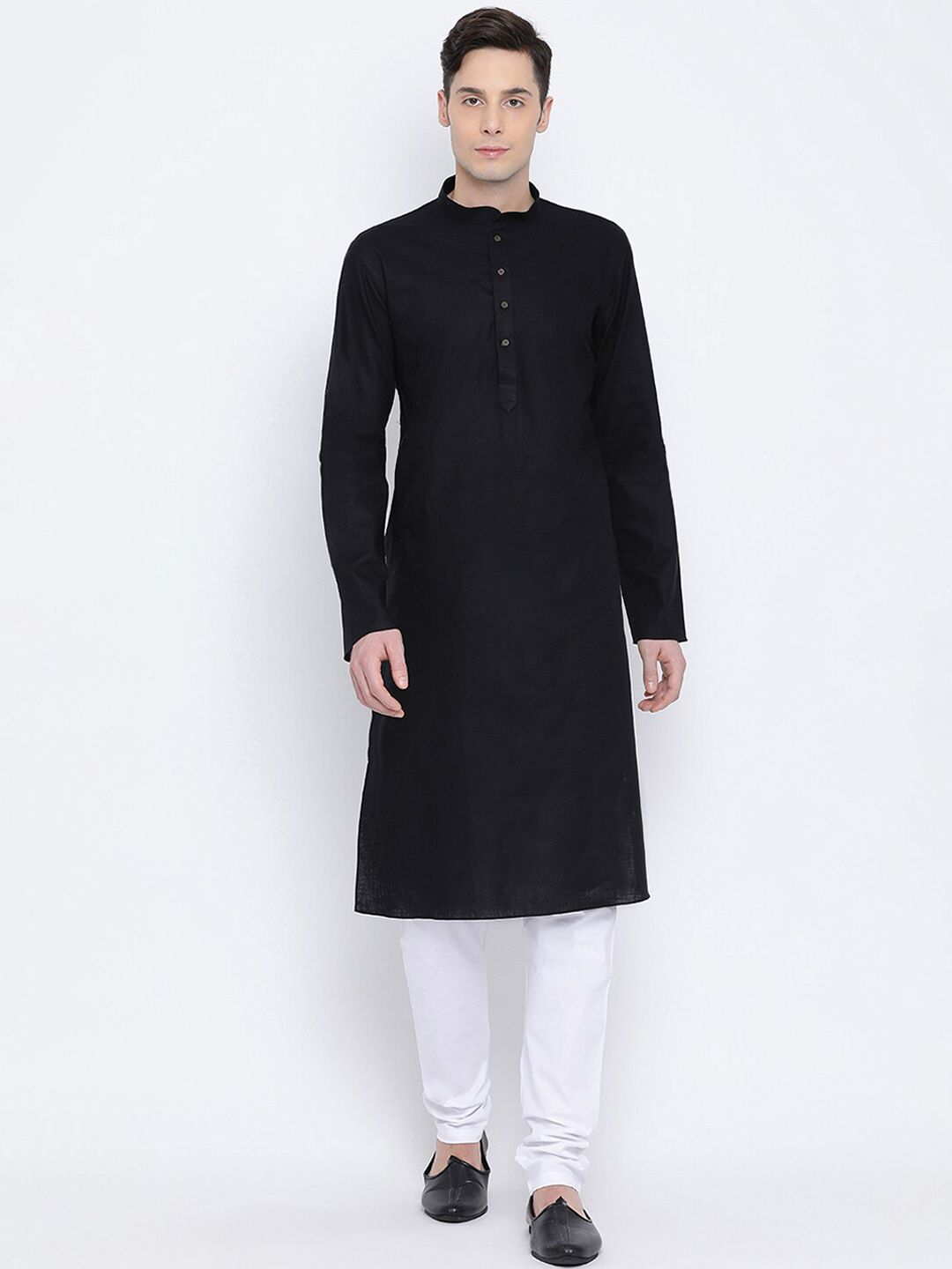 NAMASKAR Men Black Solid Cotton Kurta with Churidar