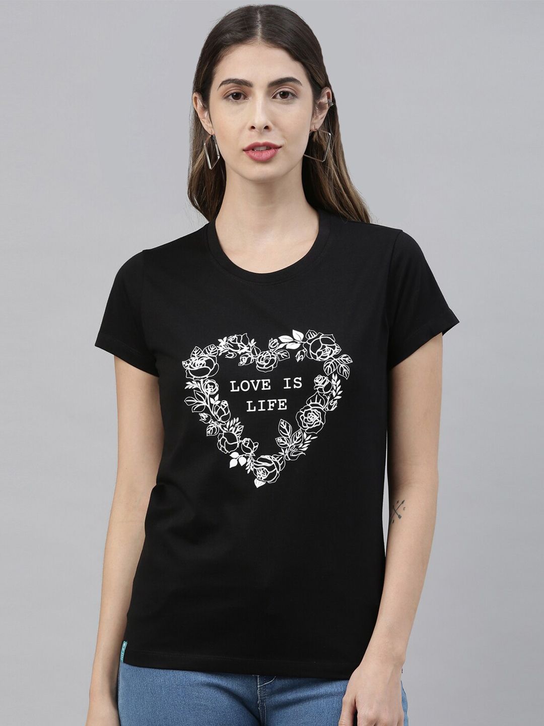 3PIN Women Black Printed Round Neck T-shirt