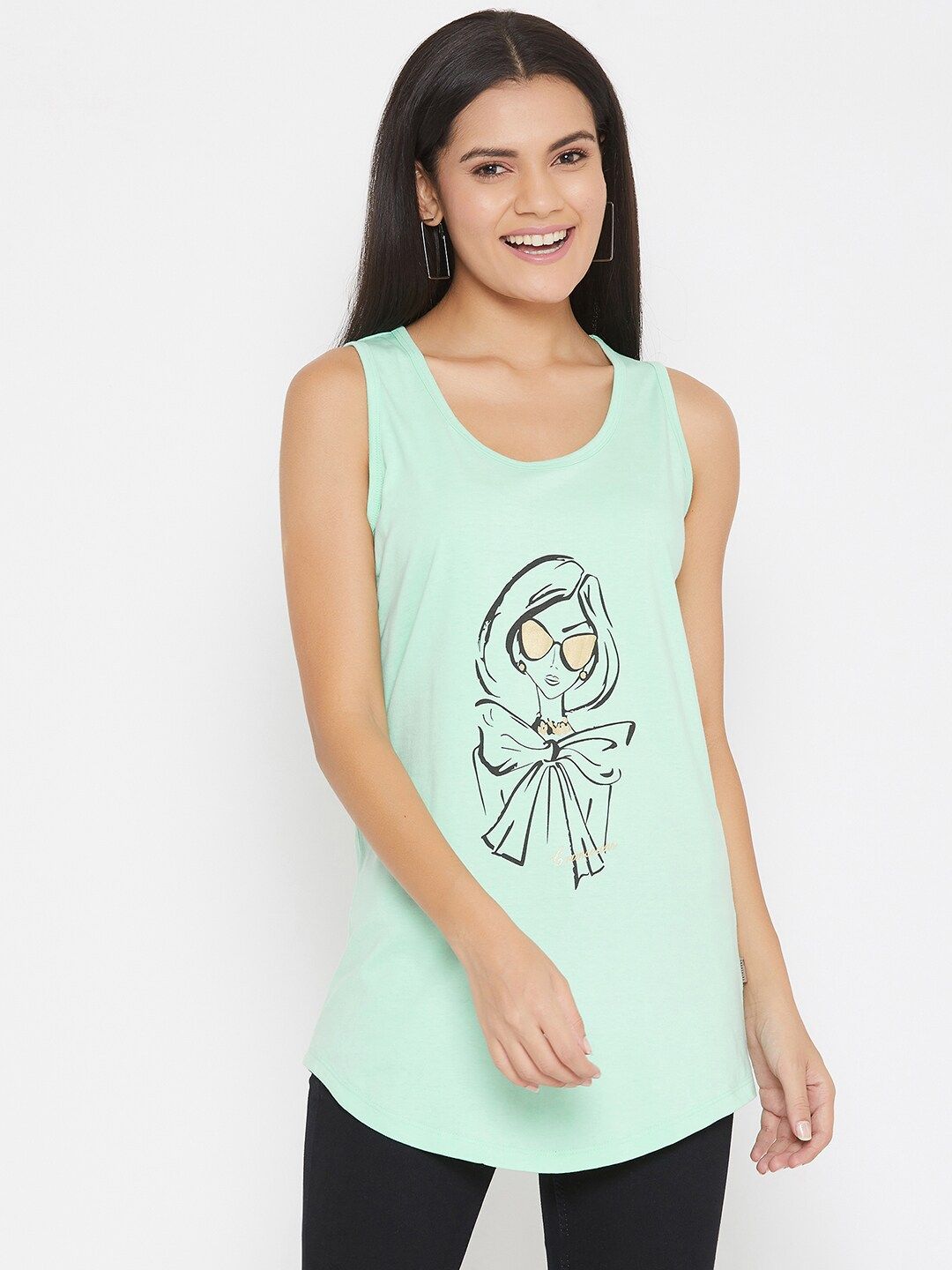 Crimsoune Club Women Printed Green Longline Curved Hem Tang Top
