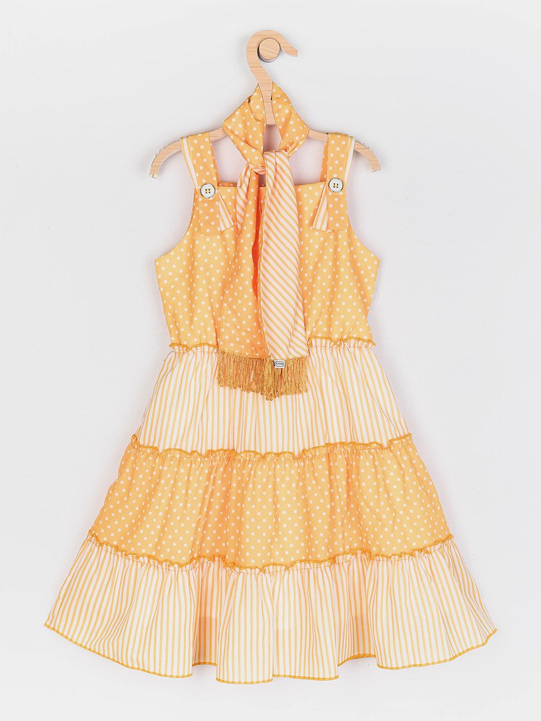 Peppermint Girls Yellow & White Polka Dot Print Tiered A-Line Dress with Stole