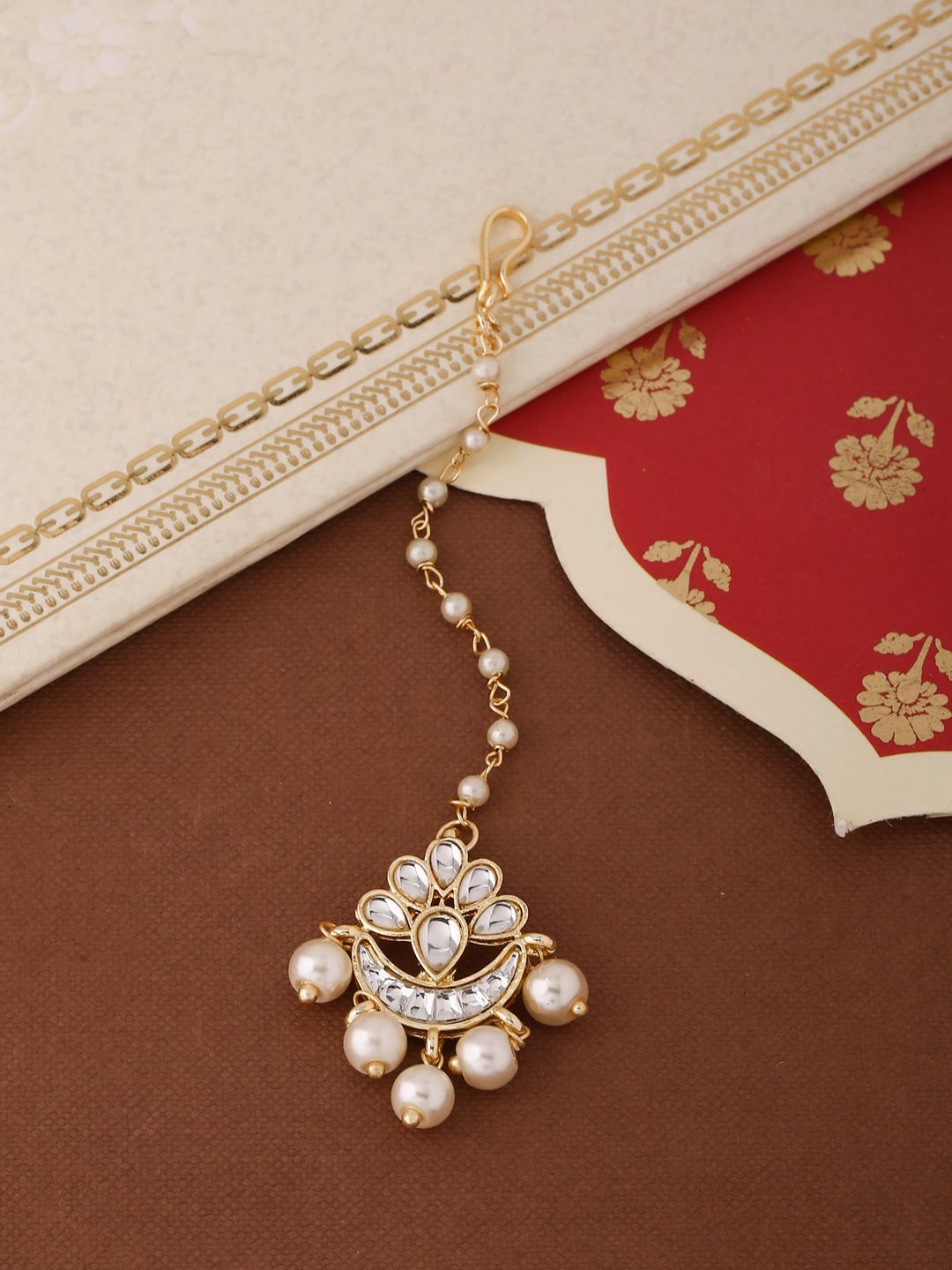 Shoshaa Gold-Plated White Stone-Studded & Beaded Handcrafted Maang Tikka