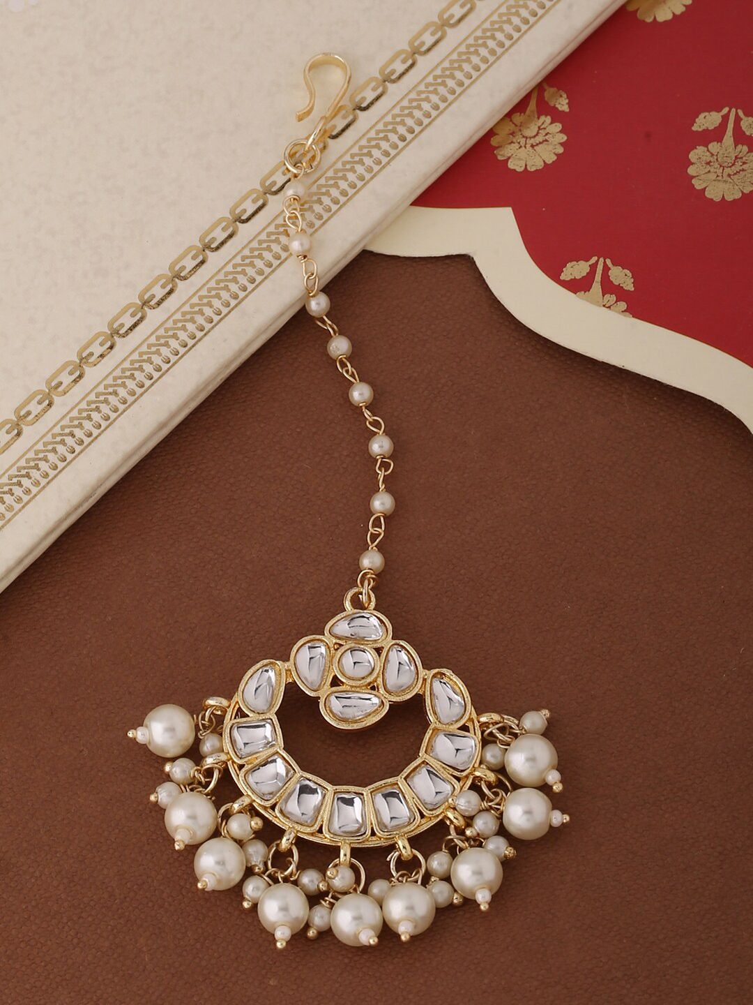 Shoshaa Gold-Plated & Off-White Artificial Stone-Studded Beaded Maang Tikka
