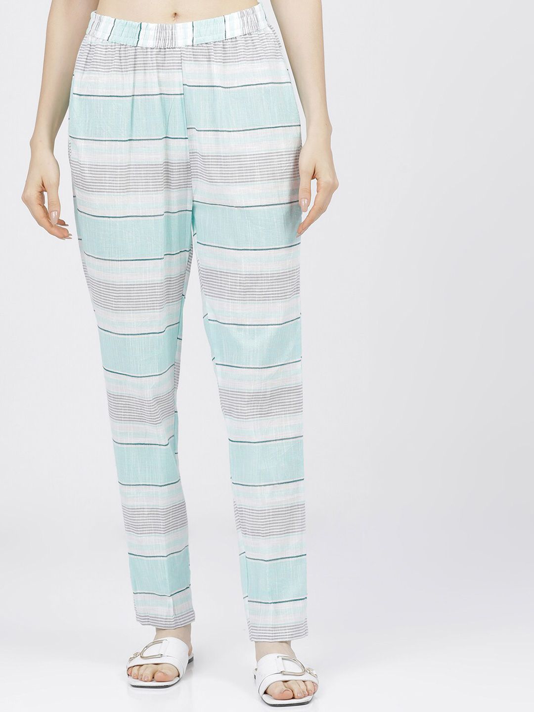 Vishudh Women Cream & Blue Striped Ethnic Palazzos