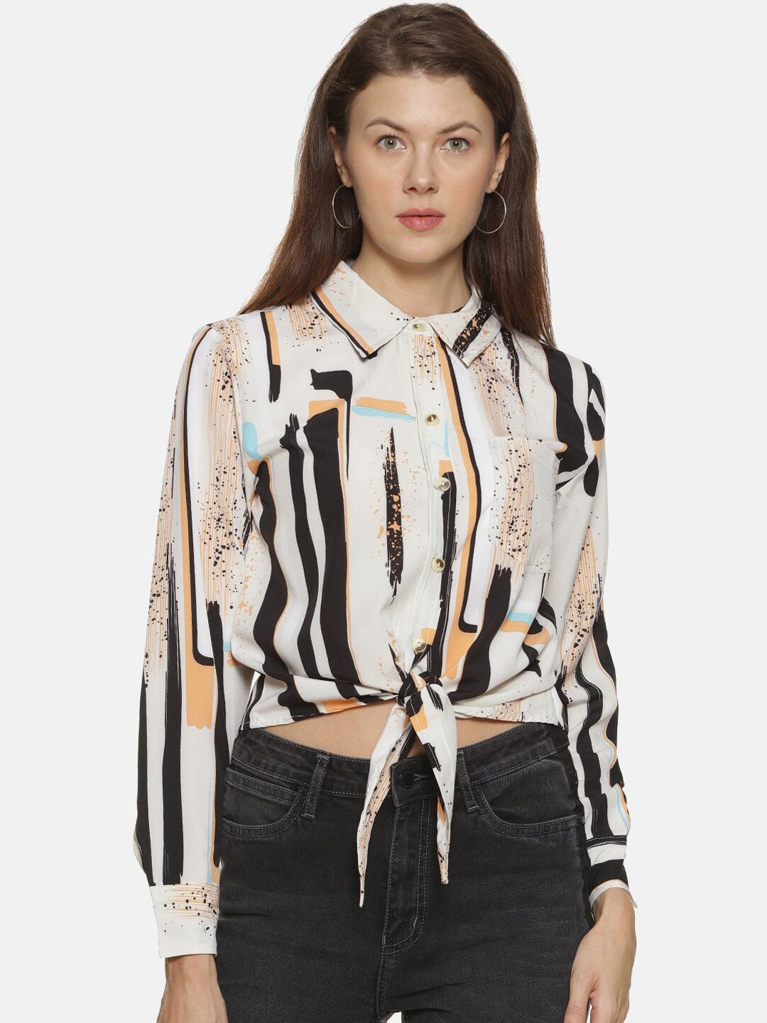PINACOLADA Women Cream-Coloured & Black Printed Casual Shirt