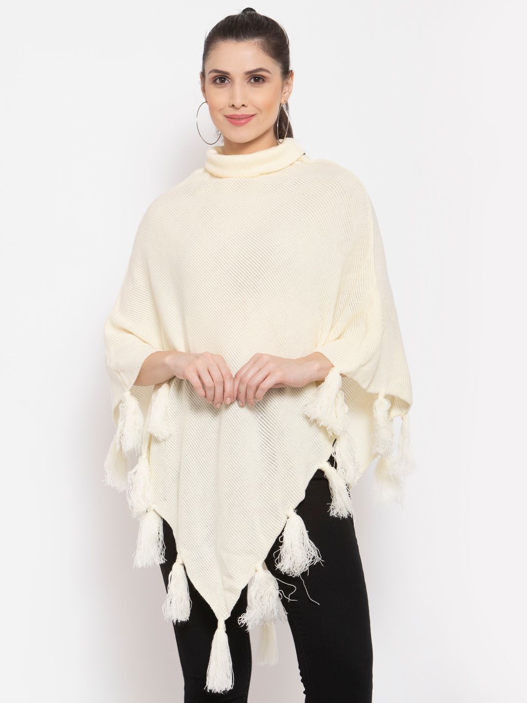 Style Quotient Women Cream Poncho with Fringed Detail