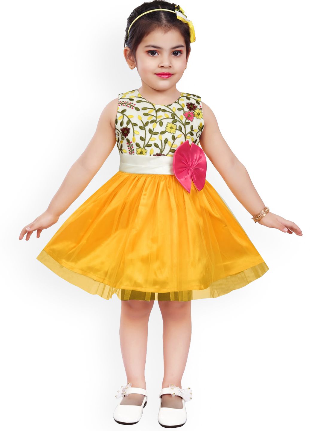 Wish Karo Yellow & Green Floral Embroidered Net Dress