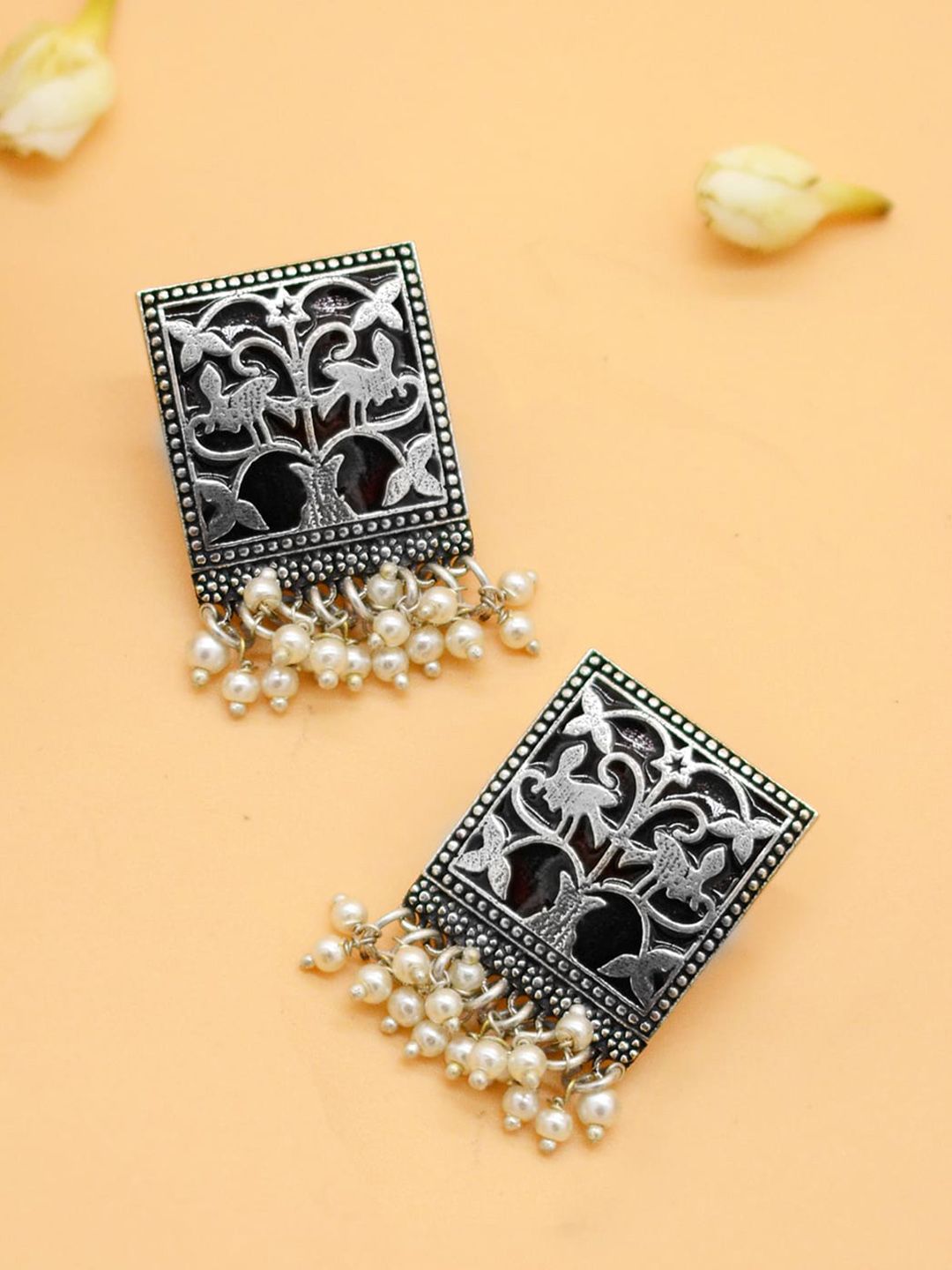 TEEJH Enamel Miniature Silver-Plated Drop Earrings