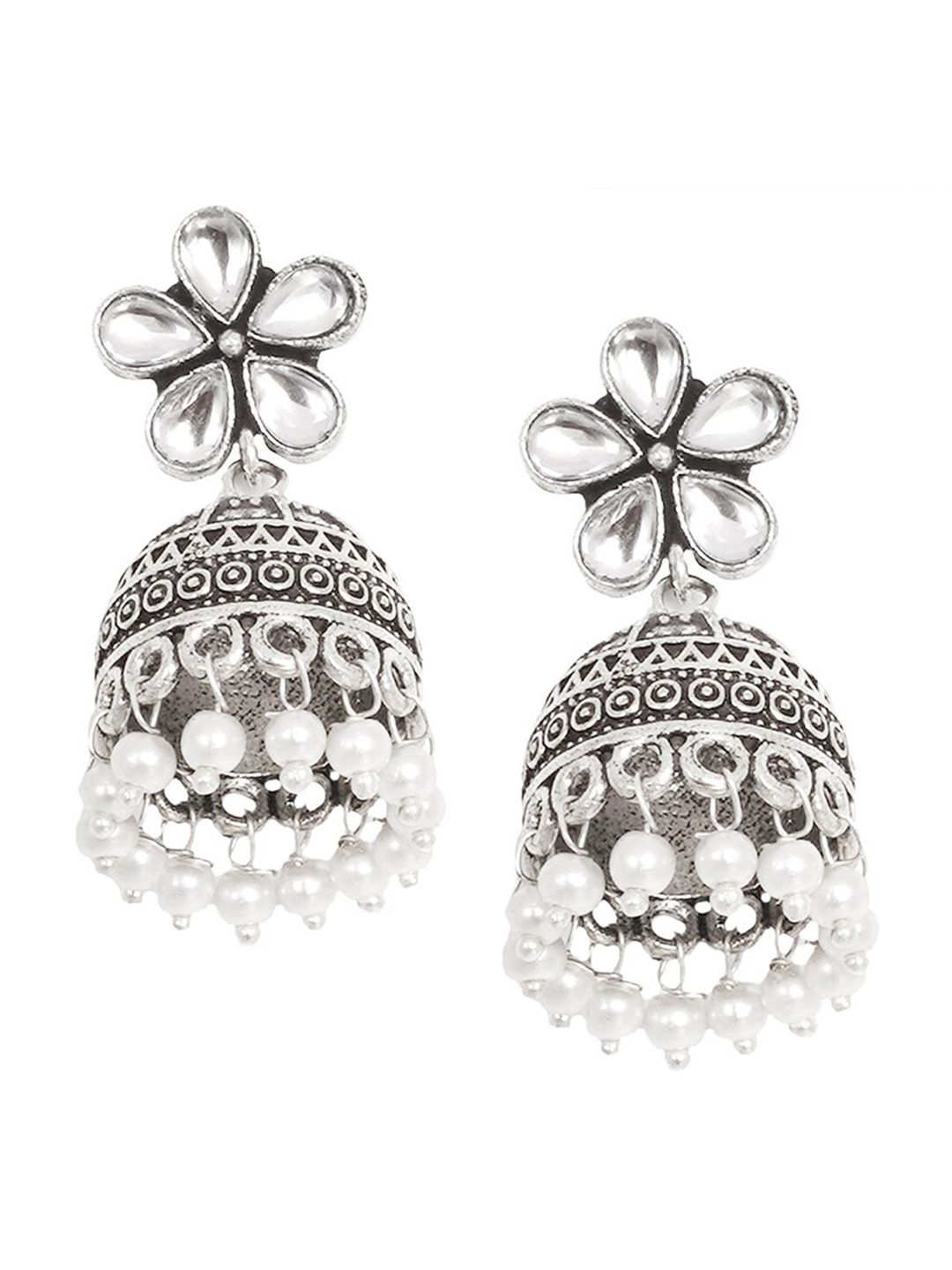 TEEJH Oxidised Polki Silver-Plated Stone-Studded Jhumkas