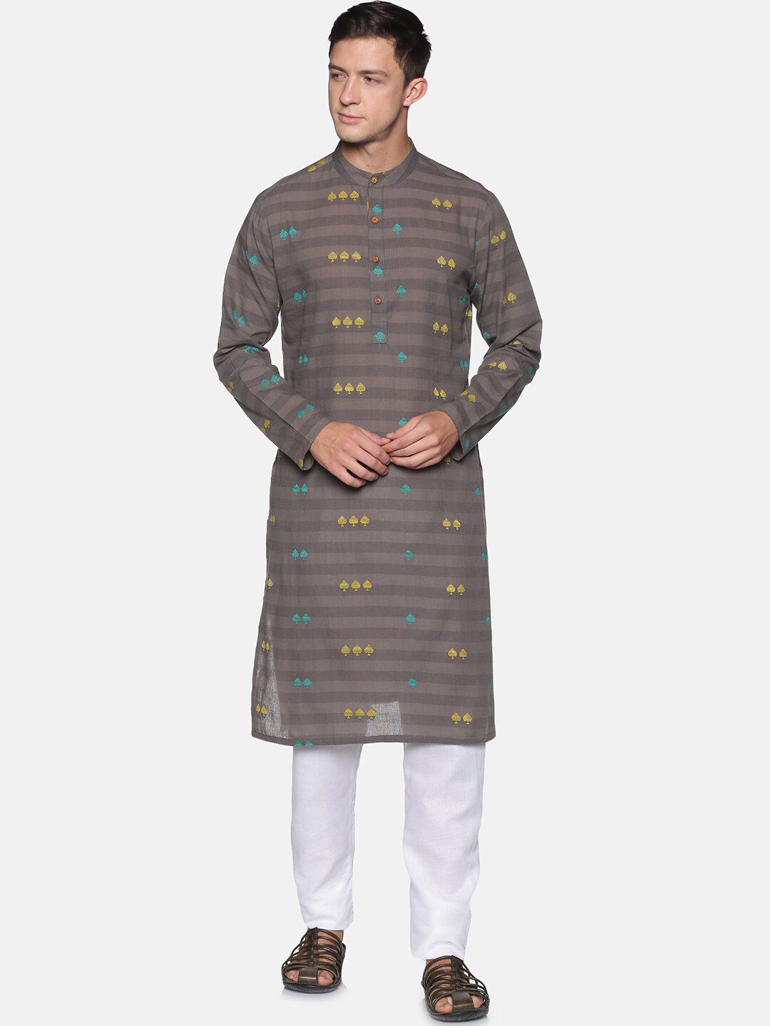 Saffron Threads Men Grey Woven Design Striped Pure Cotton Kurta