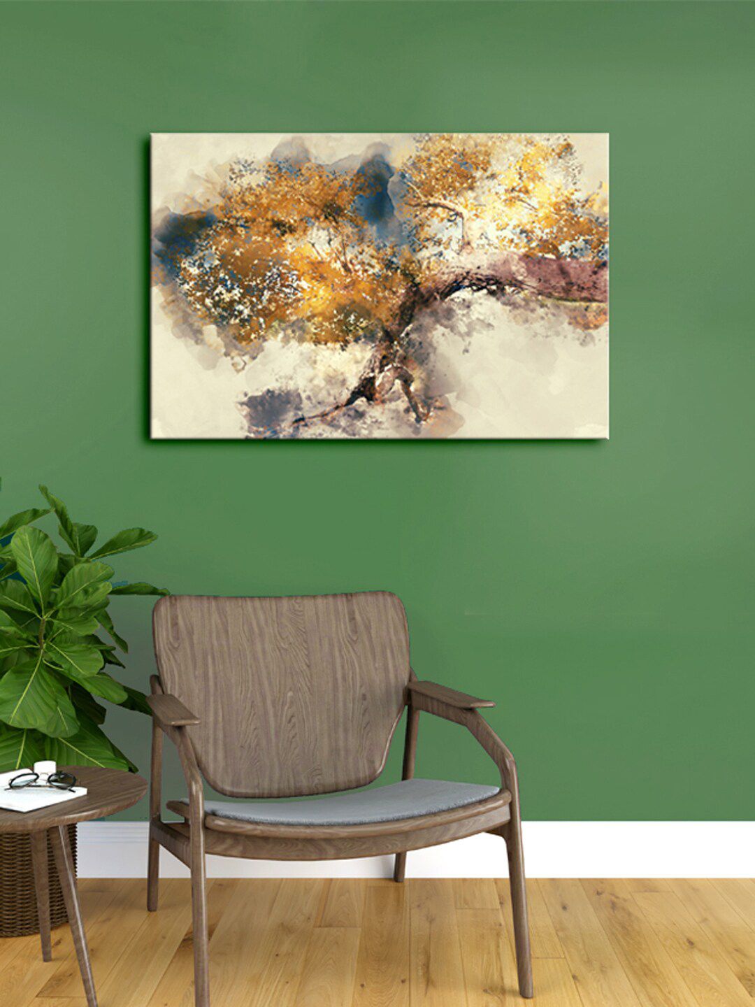 999Store Cream-Coloured & Gold-Toned Abstract Leaf Art Canvas Framed Wall Art
