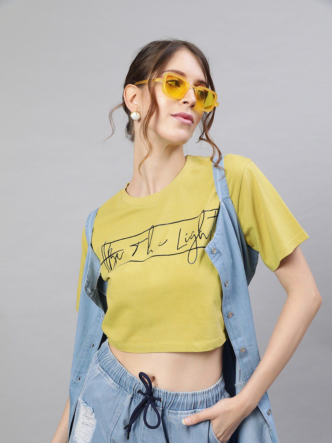 STREET 9 Women Yellow Typography Printed Round Neck Cotton Crop Pure Cotton T-shirt