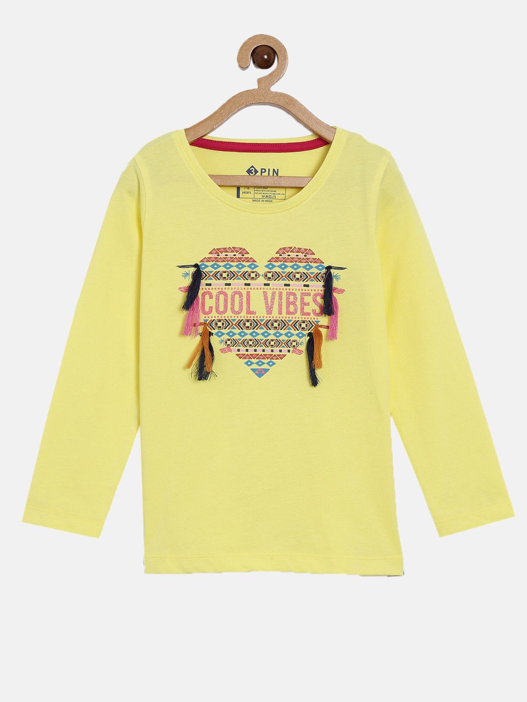3PIN Girls Yellow  Pink Typography Printed Cotton Pure Cotton T-shirt
