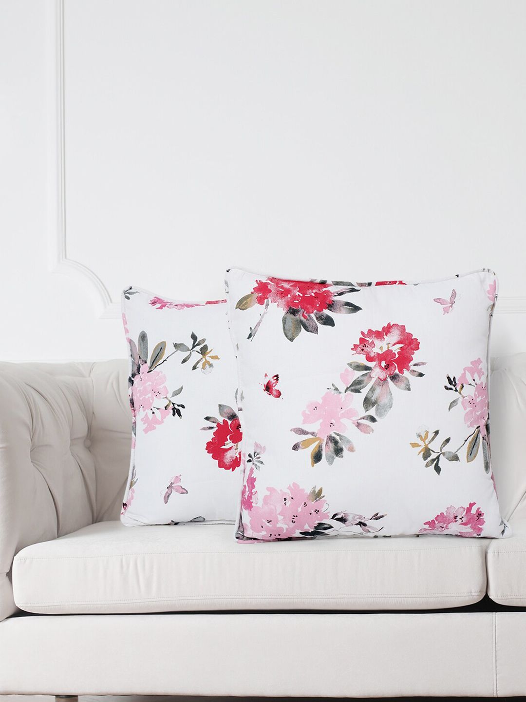 SWAYAM White Floral Cotton Breathable 2 Piece Square Cushion Covers -16x16In