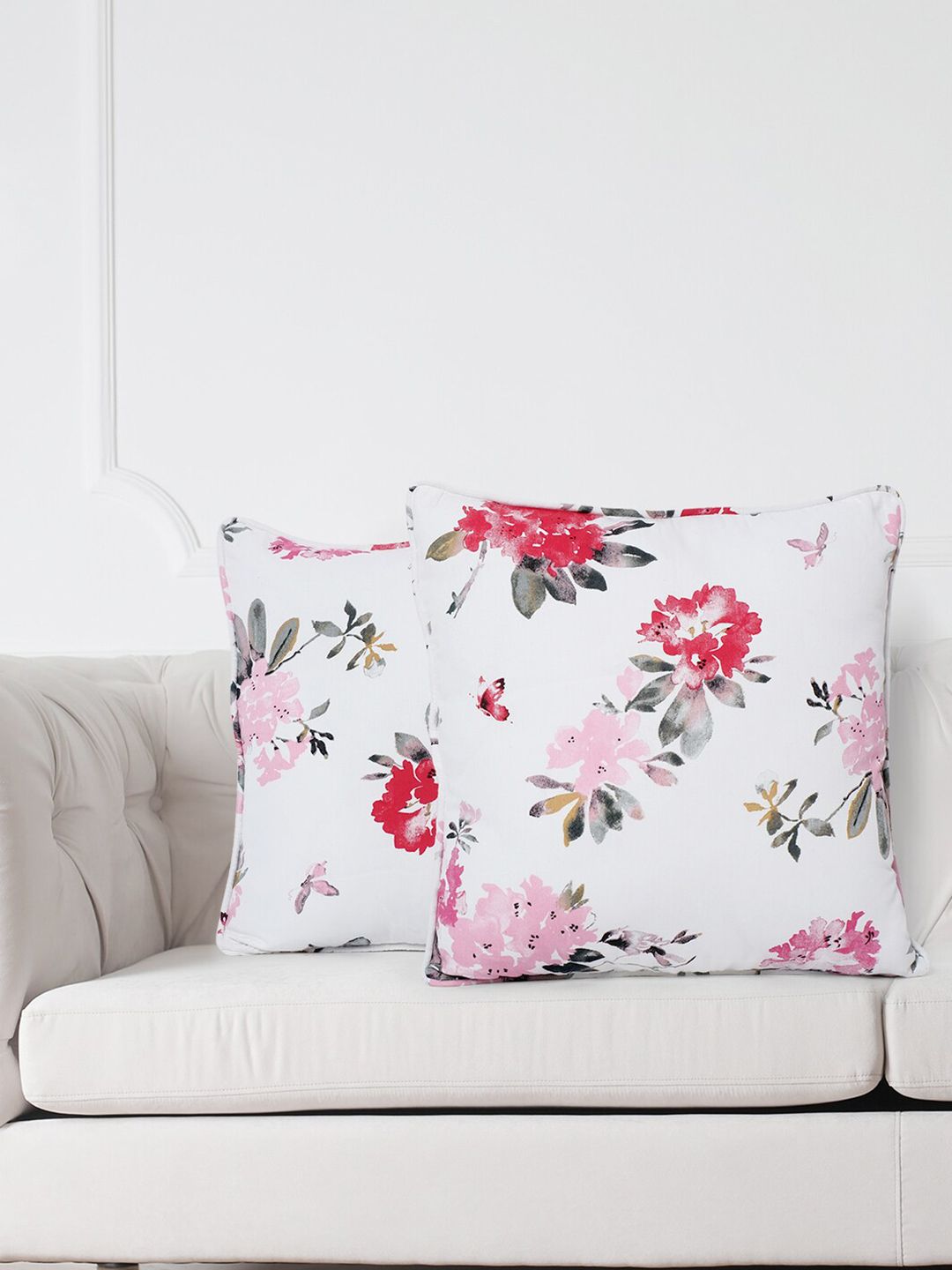 SWAYAM White & Red Set of 2 Floral Square Cushion Covers