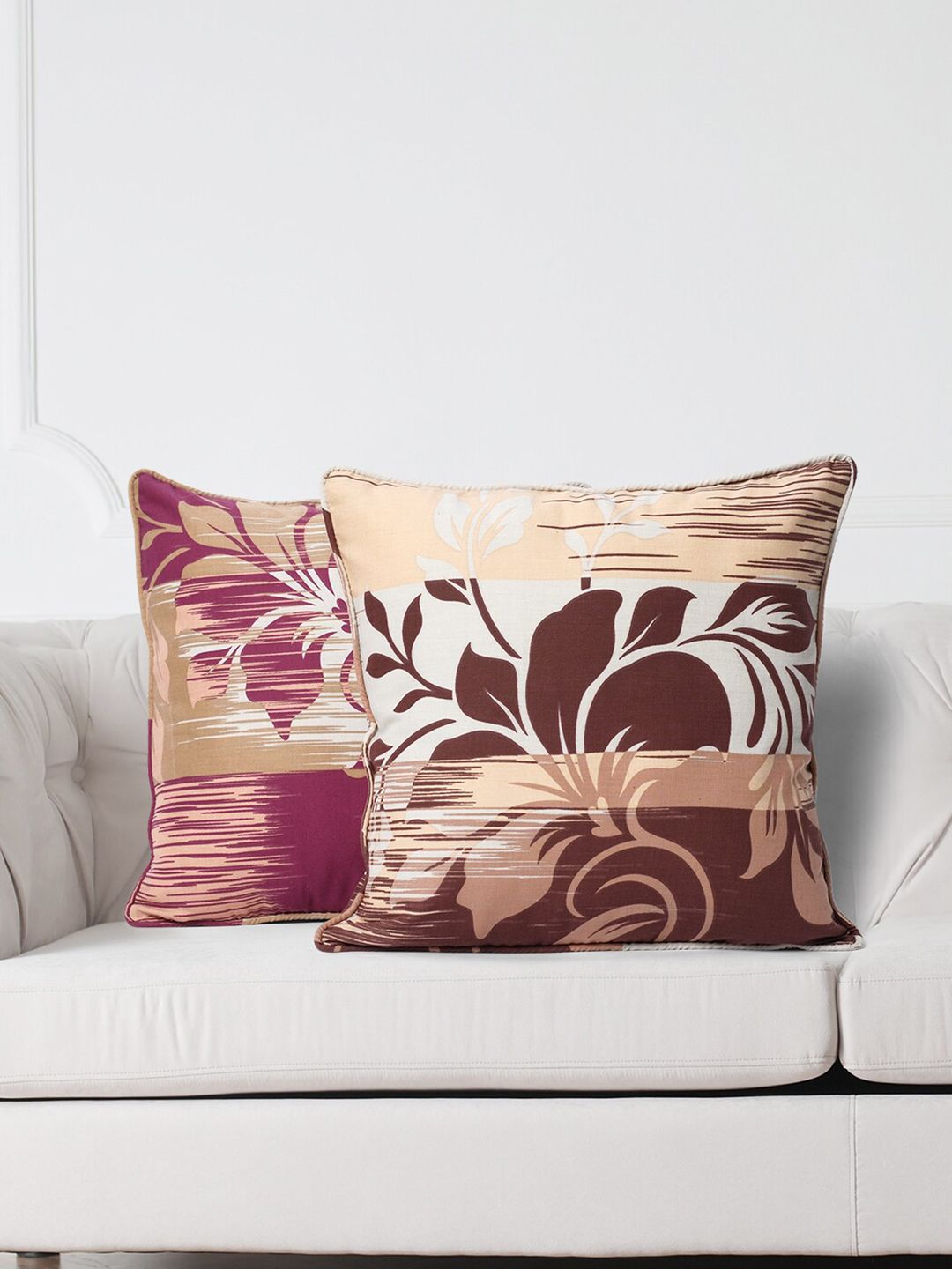 SWAYAM White & Brown Set of 2 Floral Square Cushion Covers
