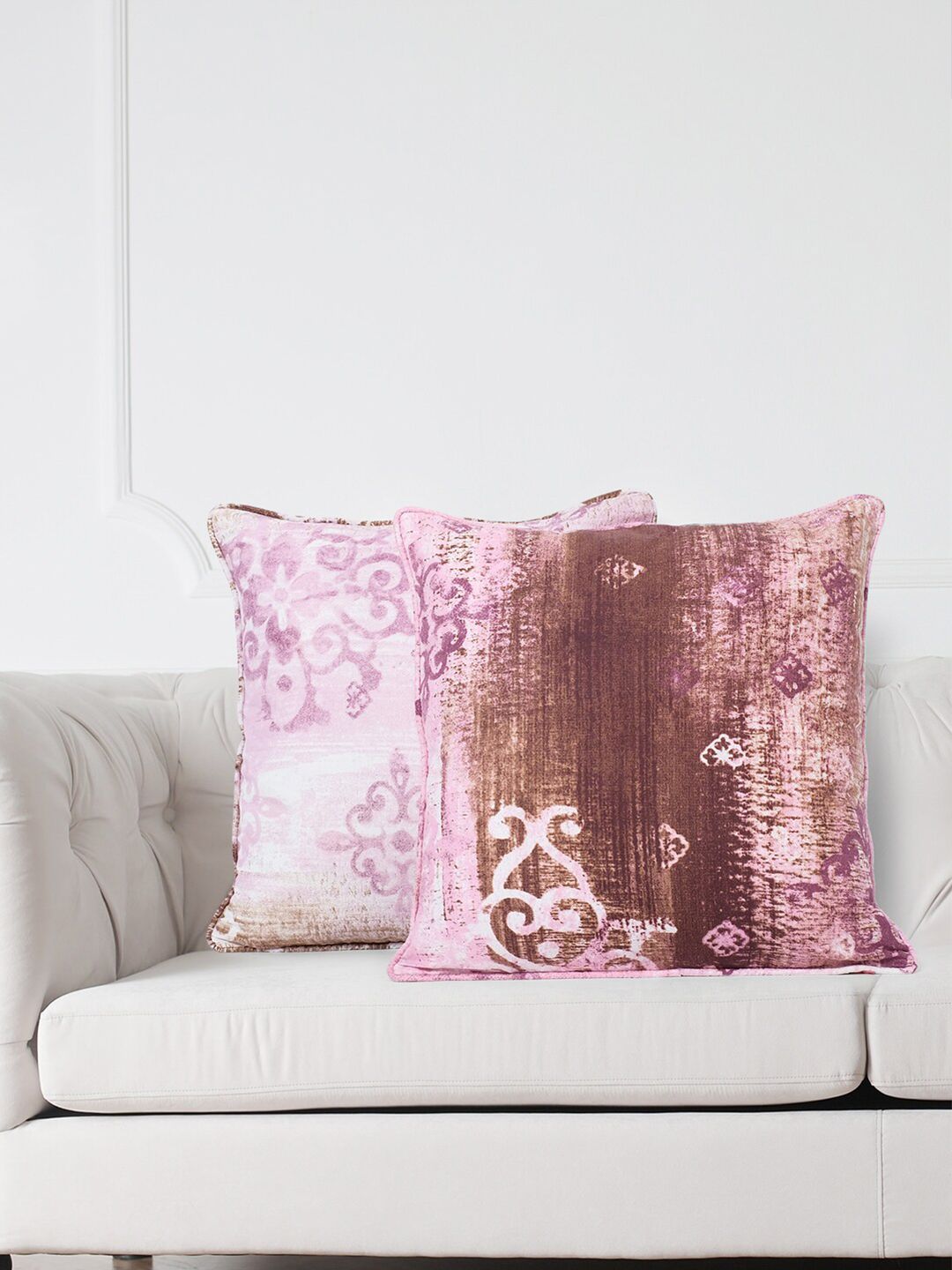 SWAYAM Pink & Brown Set of 2 Ethnic Motifs Square Cushion Covers