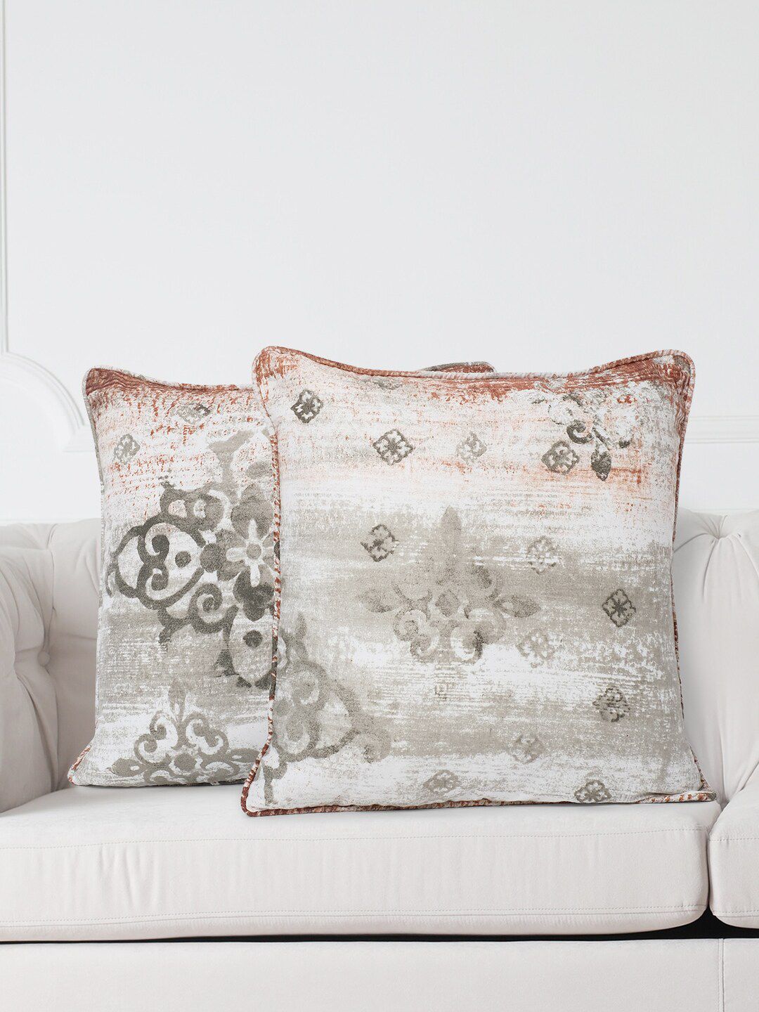 SWAYAM White Ethnic Motifs Cotton Lightweight 2 Pcs Square Cushion Covers - 15.7 x 15.7 In