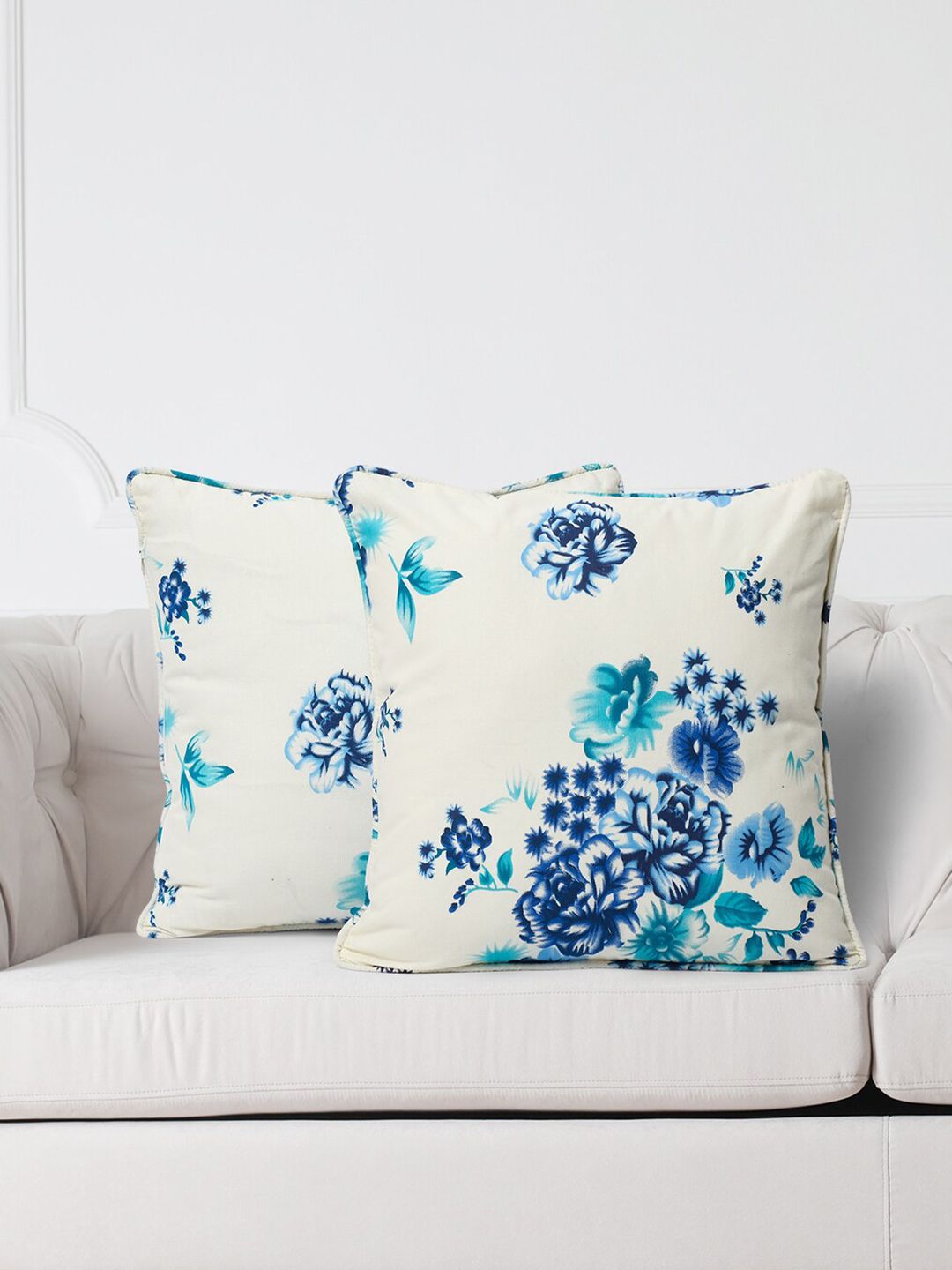 SWAYAM White Floral Cotton Lightweight 2 Piece Square Cushion Covers - 16 x 16 Inches