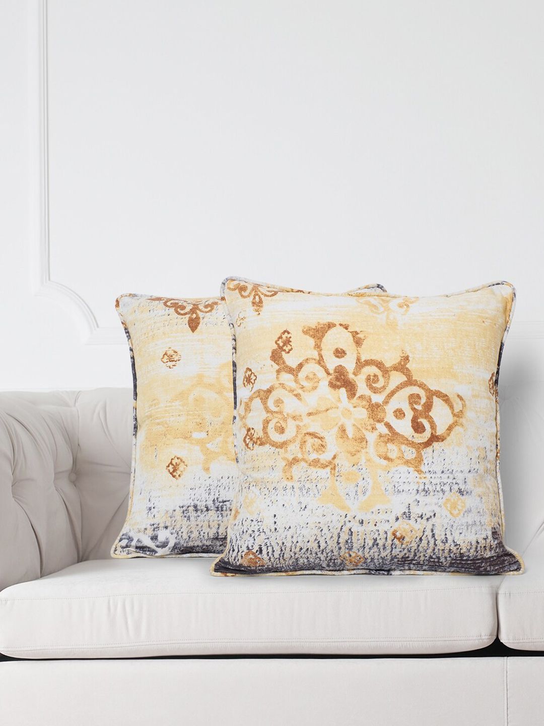 SWAYAM White & Yellow Set of 2 Ethnic Motifs Square Cushion Covers