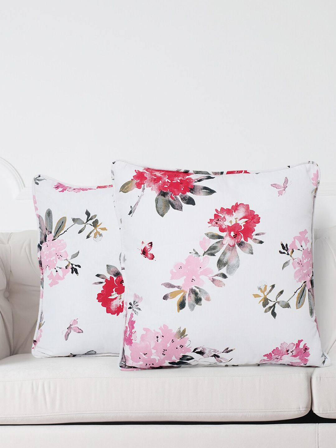 SWAYAM White & Red Set of 2 Floral Square Cushion Covers