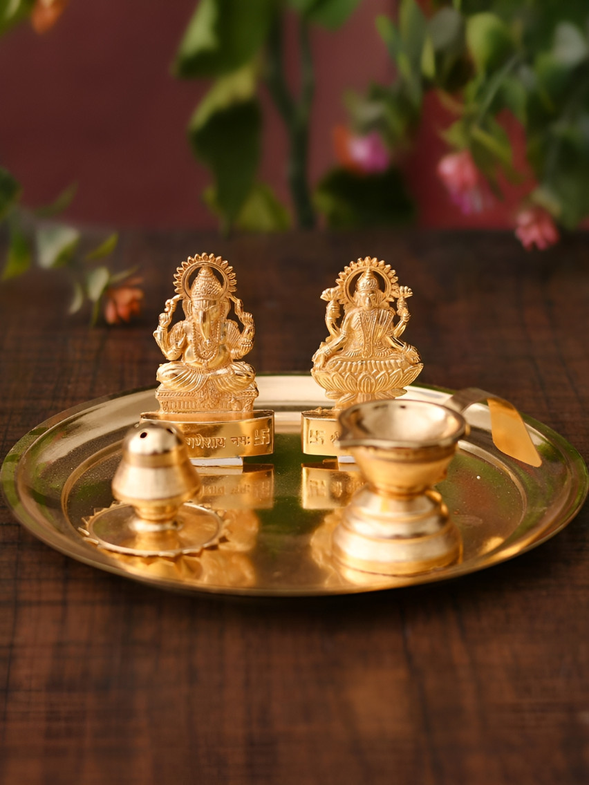 CraftVatika Gold Toned 5 Pieces Glossy Pooja Thali