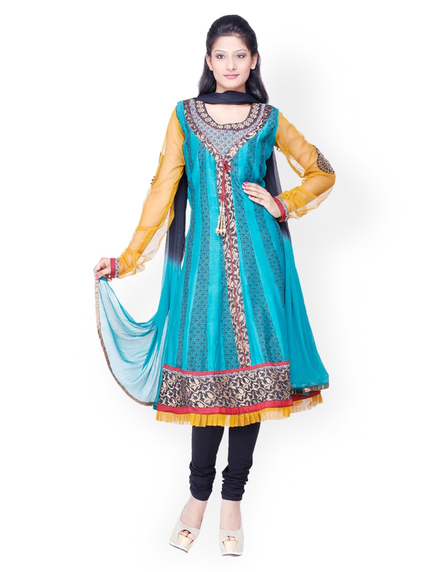 Women Blue & Black Printed Chanderi Cotton Anarkali Churidar Kurta with Dupatta S