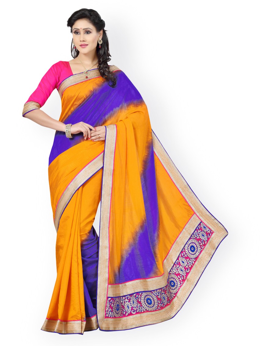 Mustard Yellow & Blue Jacquard & Tussar Silk Fashion Saree