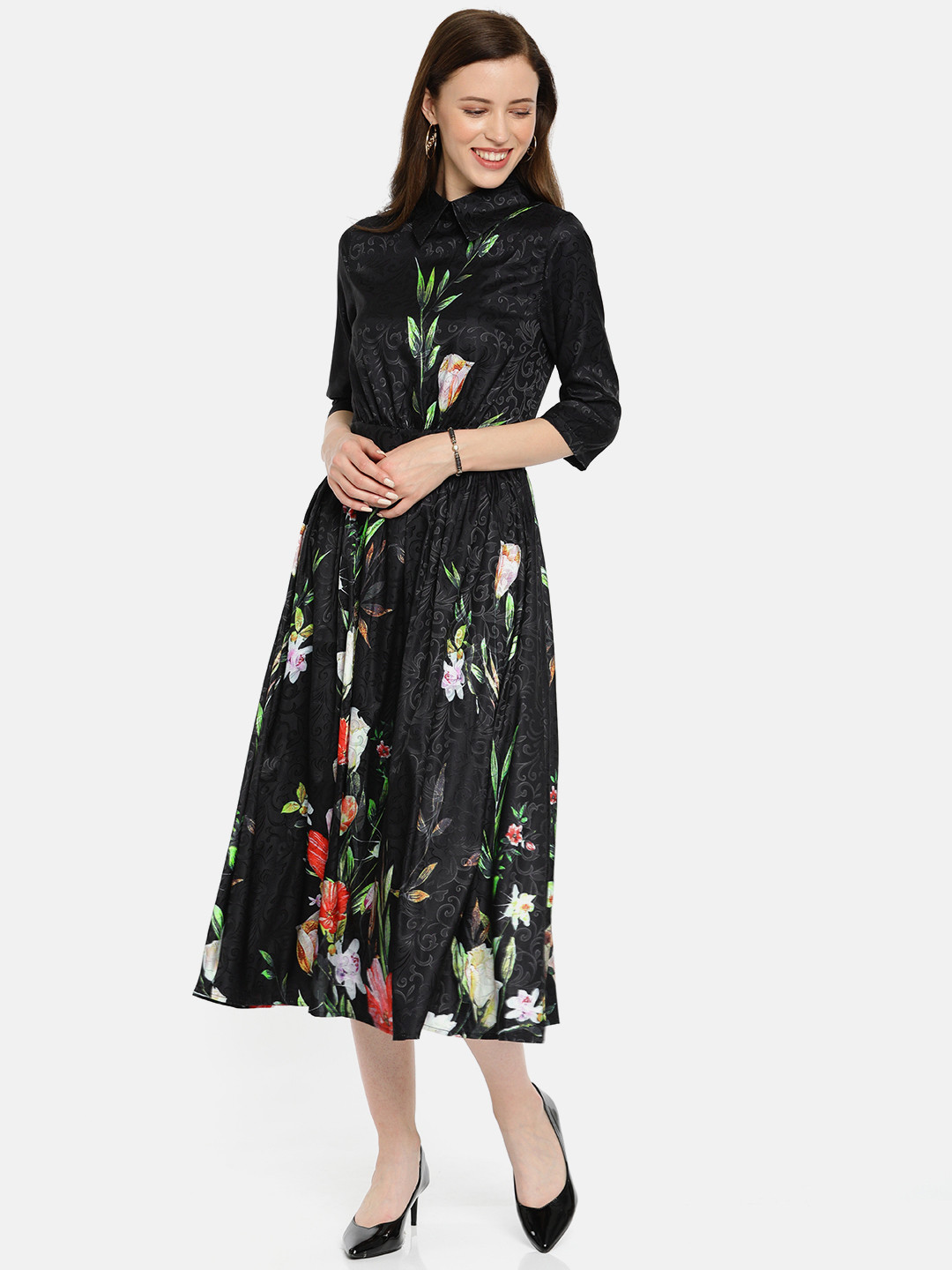 JC Collection Women Black And Red Floral Printed Fit and Flare Dress