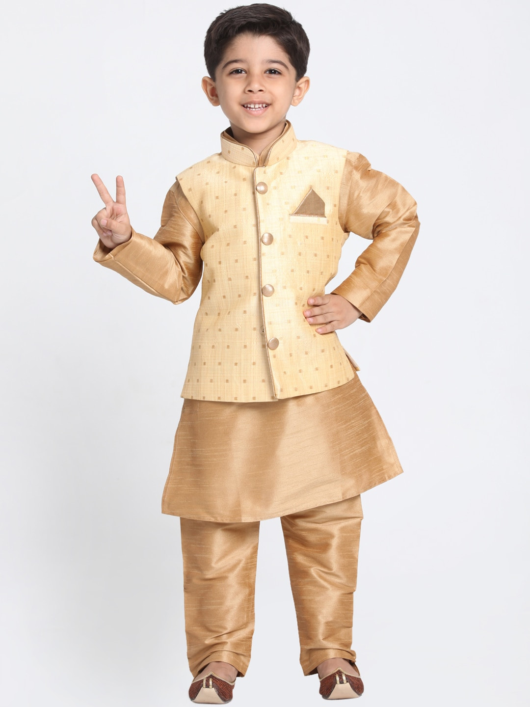 VASTRAMAY Boys Gold-Toned Self Design Kurta with Churidar & Jacket