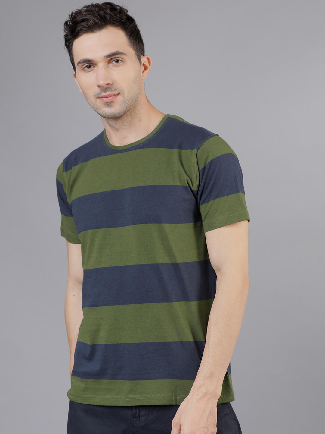 HIGHLANDER Men Olive Green Striped Round Neck T-shirt