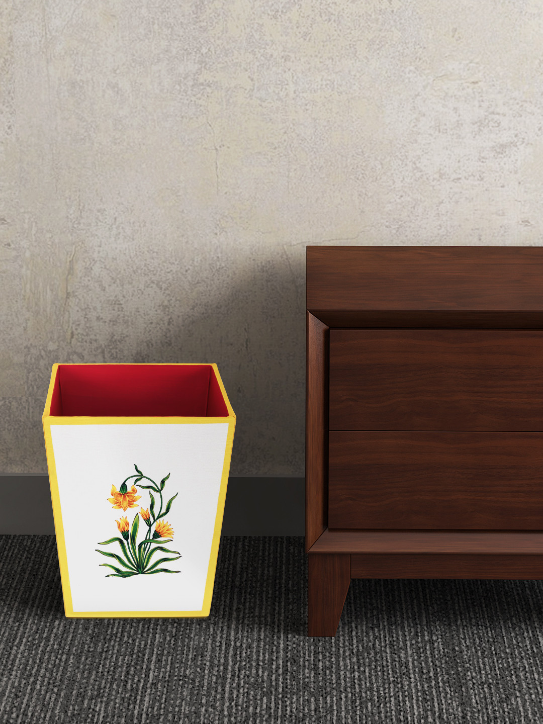 SEJ by Nisha Gupta Yellow & White Printed Wooden Open Dry Bin