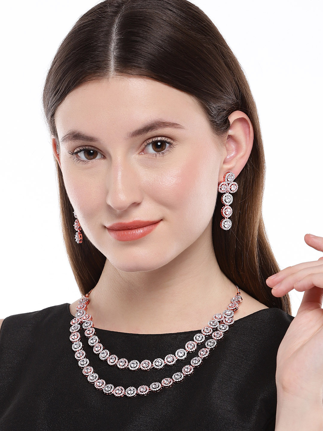 AccessHer Women Rose-Gold Plated American Diamond Jewellery Set