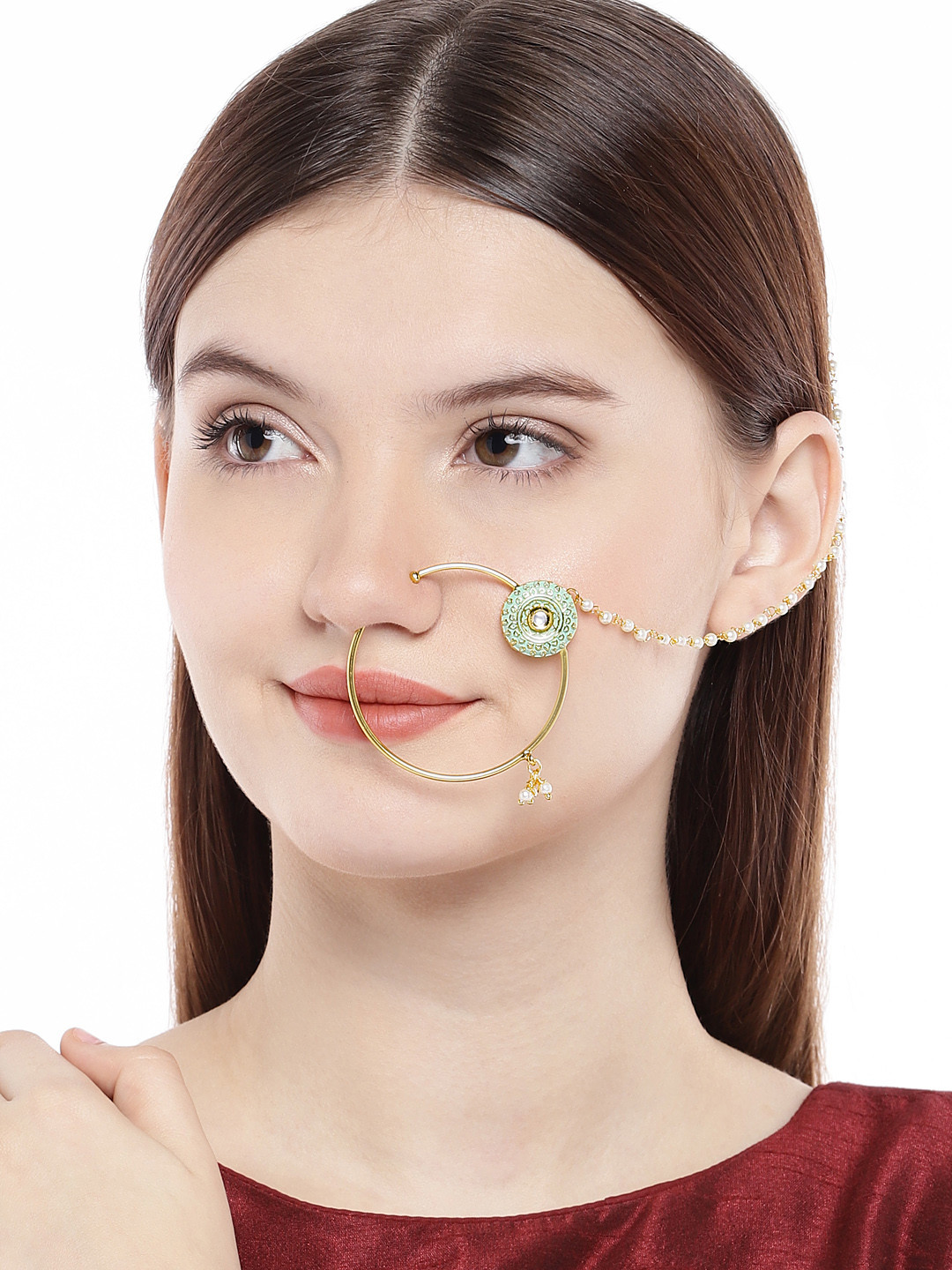 AccessHer Gold-Plated Embellished Nose Ring with Chain
