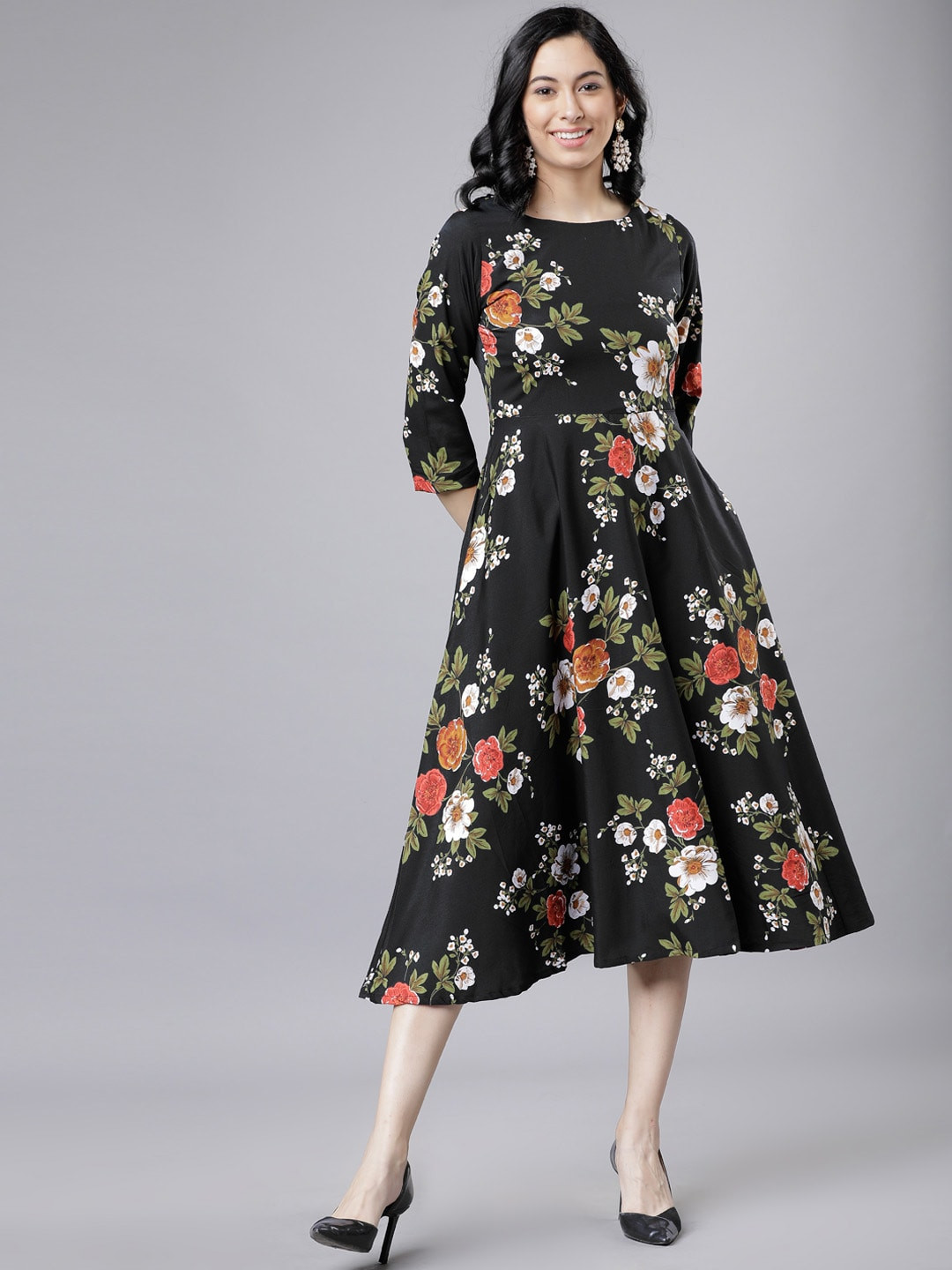 Tokyo Talkies Women Black & Red Floral Print Fit and Flare Dress
