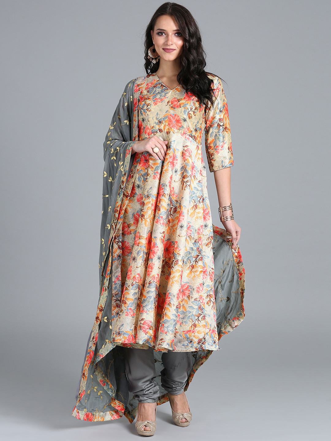 Ethnovog Women Beige  Grey Made to Measure Custom Made Kurta Set with Jacket