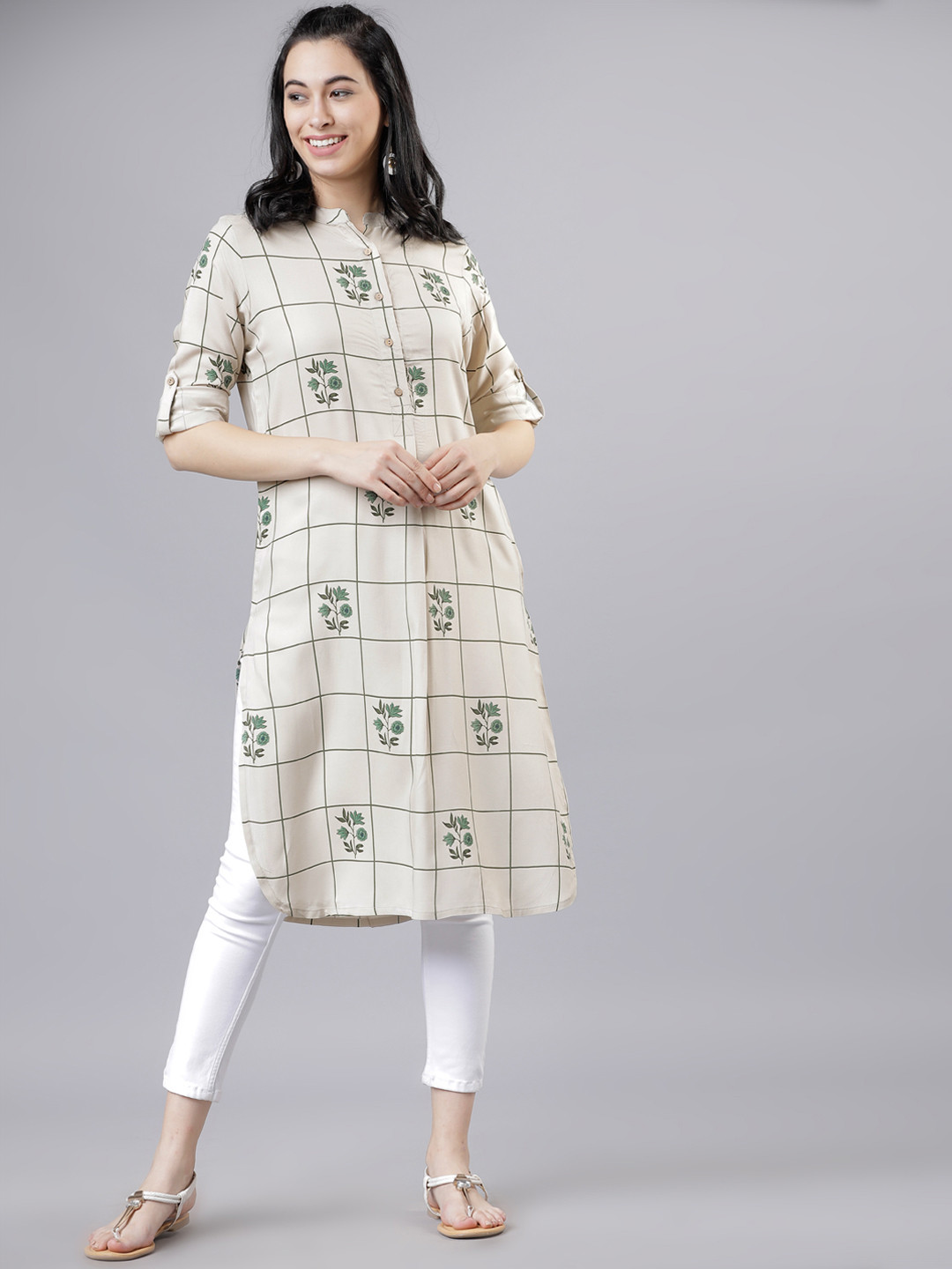 Vishudh Women Off-White & Green Printed Straight Kurta