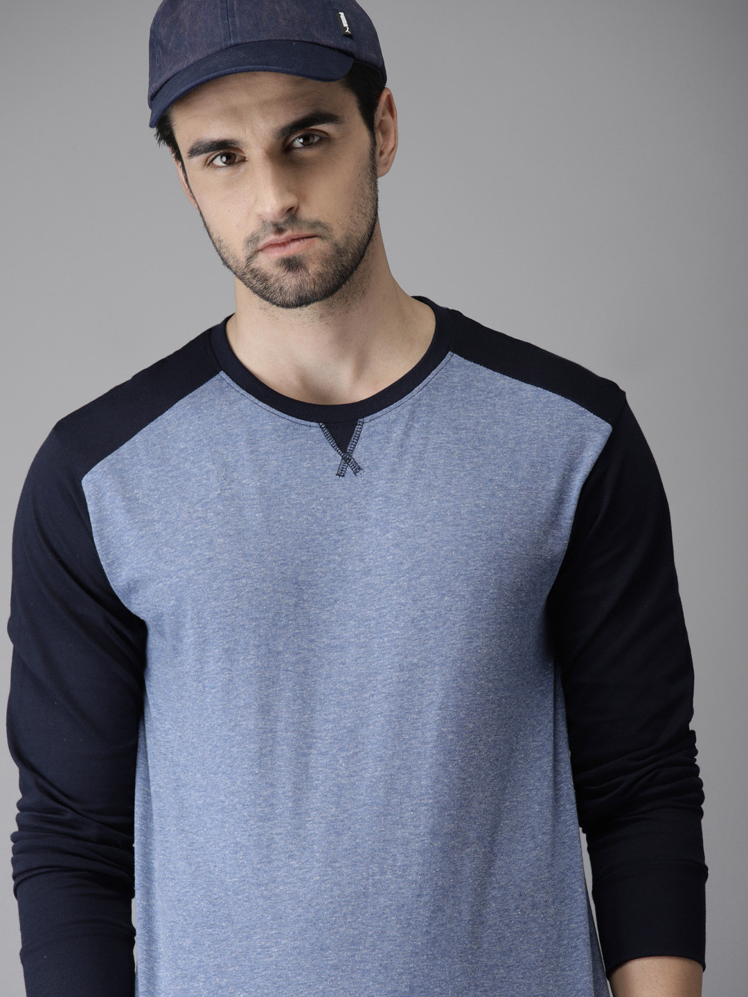 Campus Sutra Men Blue Solid Round Neck Pure Cotton T-shirt