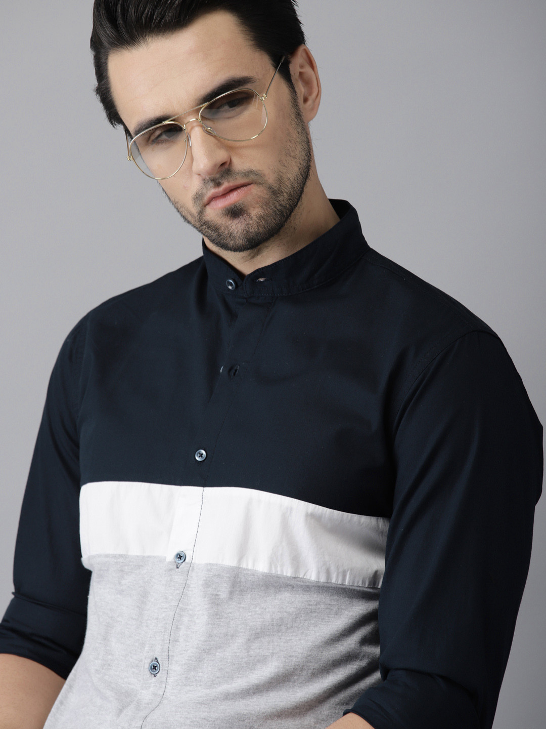 Campus Sutra Men Navy & Grey Melange Standard Regular Fit Colourblocked Casual Shirt