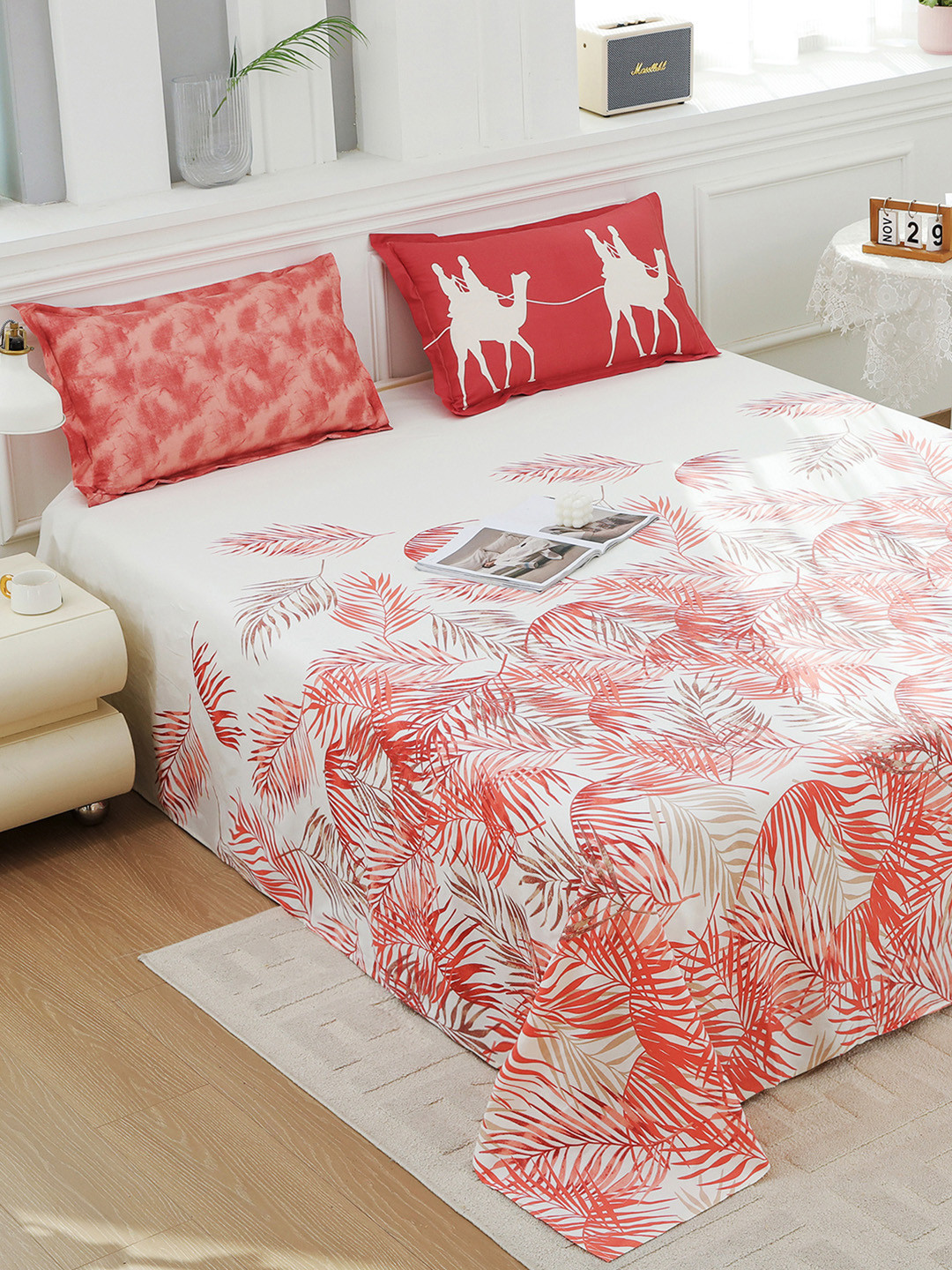 Story@home Cream Leaf Pure Cotton 210 TC King Fine Bedsheet with 2 Pillow Covers-106 x 106 inches