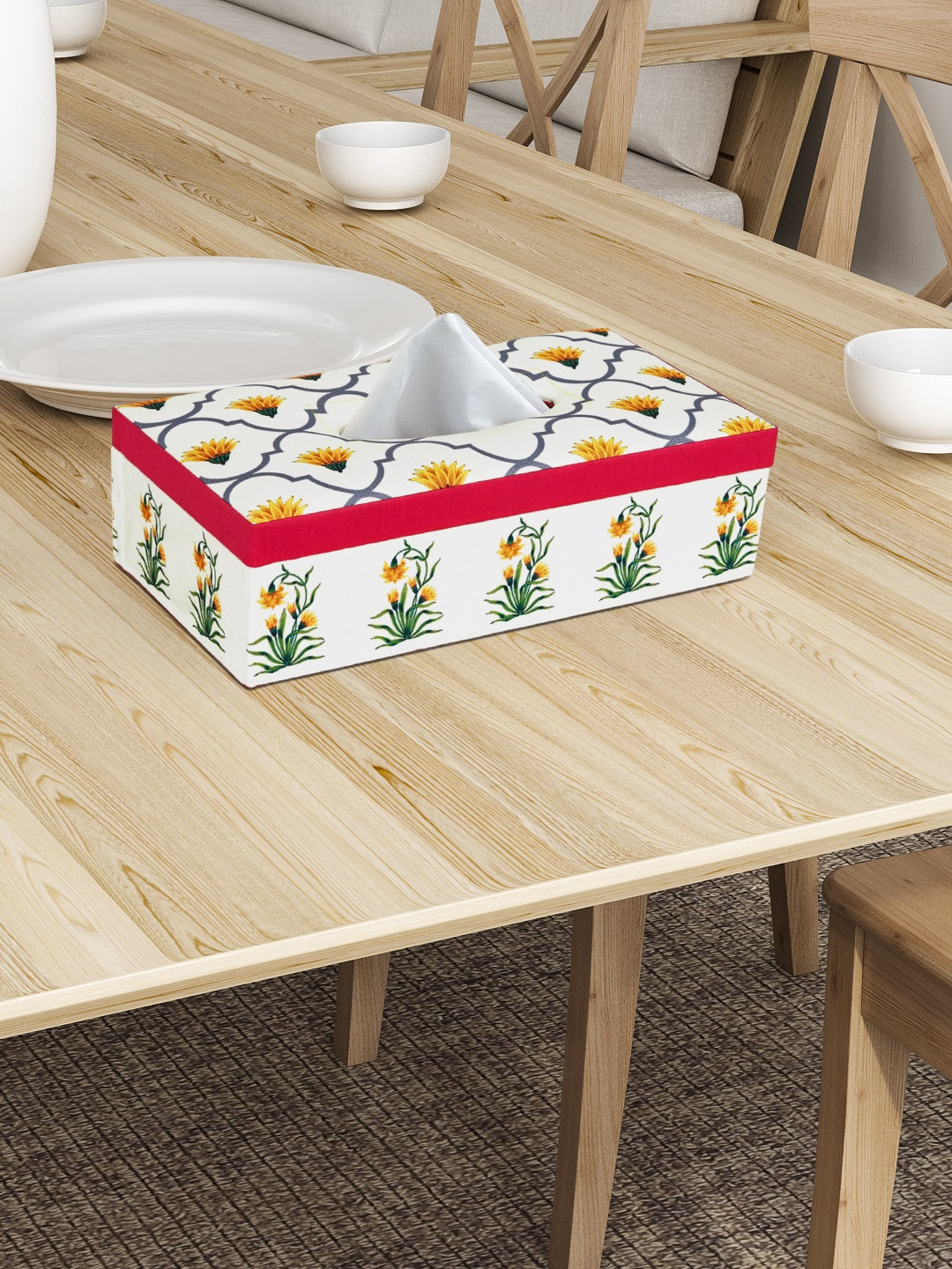 SEJ by Nisha Gupta Yellow & Grey Printed Tissue Holder