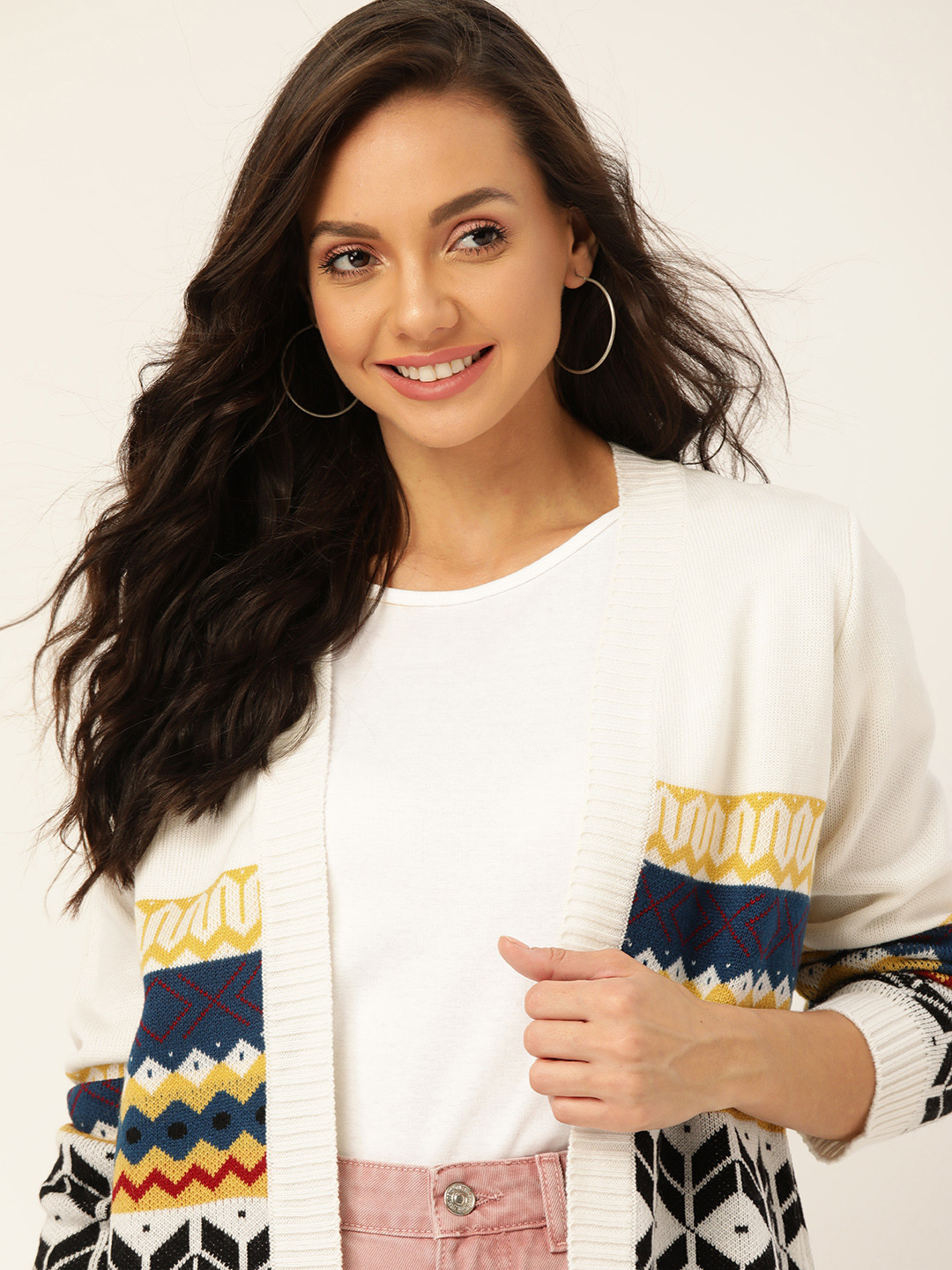 DressBerry Women Off-White & Navy Blue Self Design Open Front Sweater