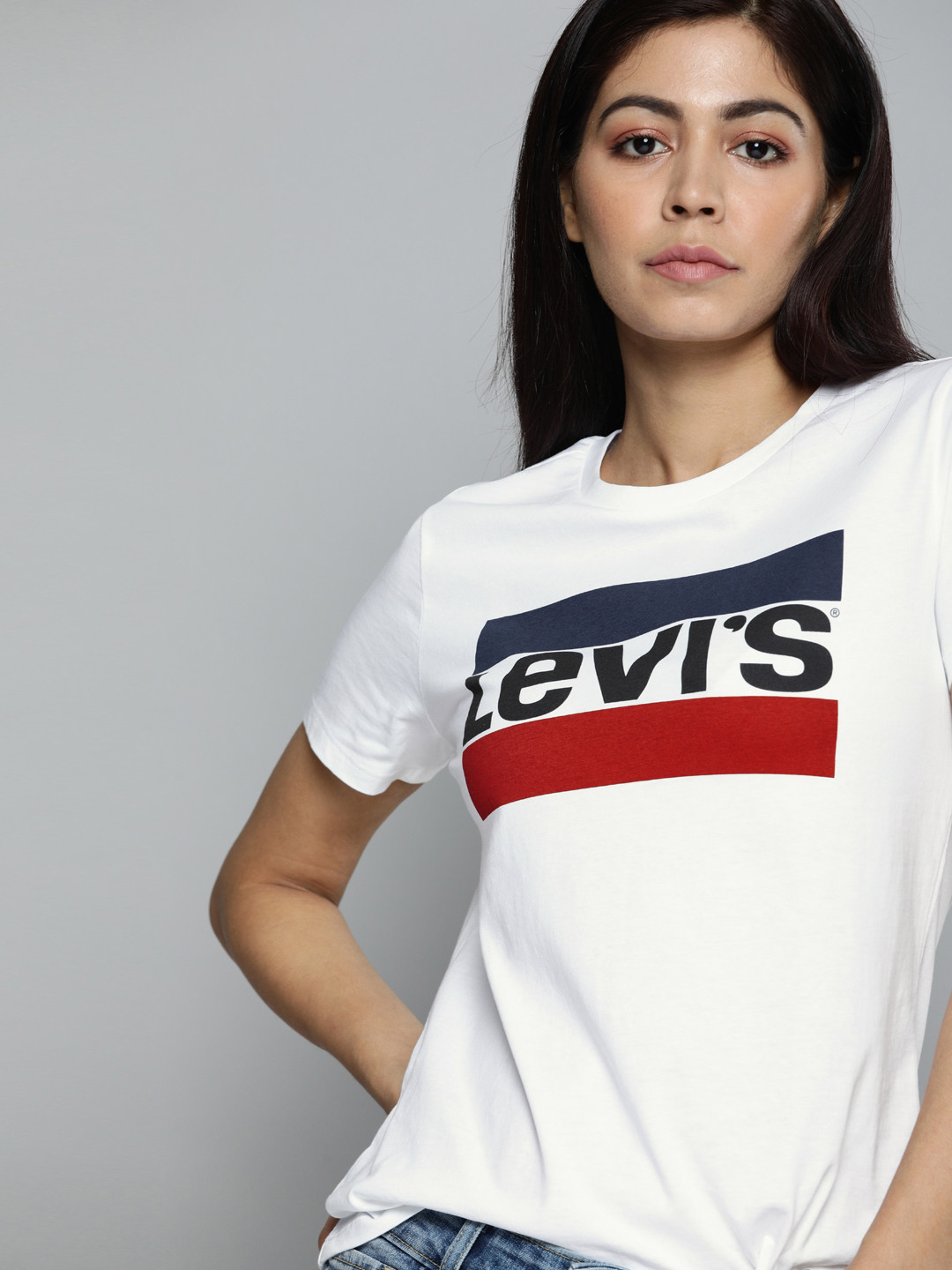 Levis Women White Brand Logo Printed Round Neck Pure Cotton T-shirt