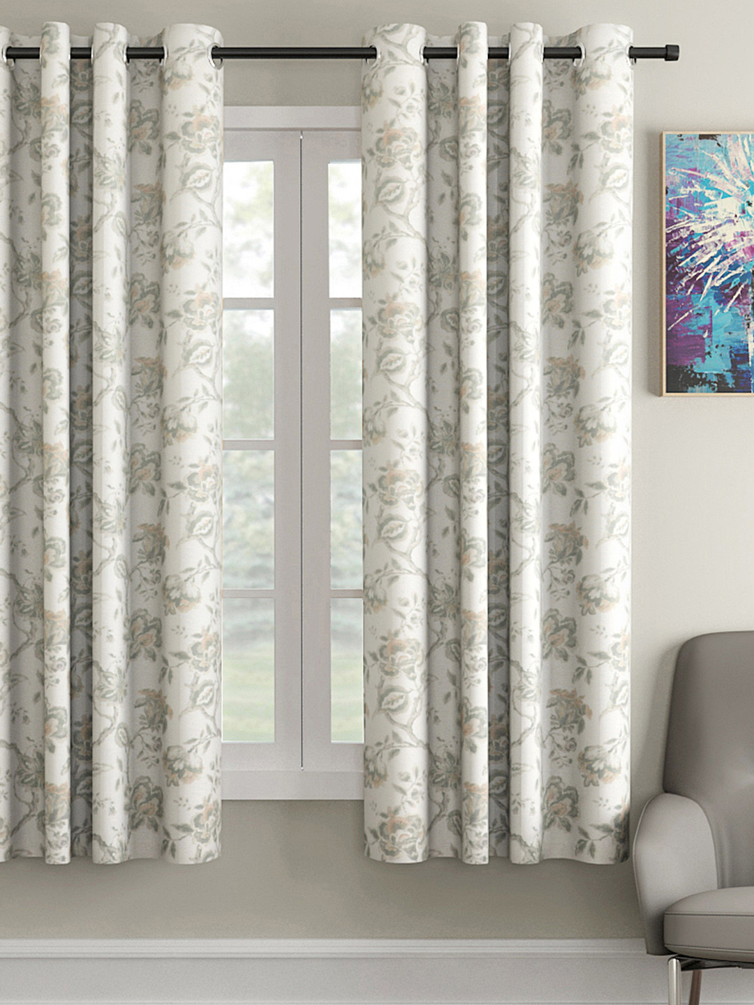 Soumya Off-White & Green Single Window Curtains