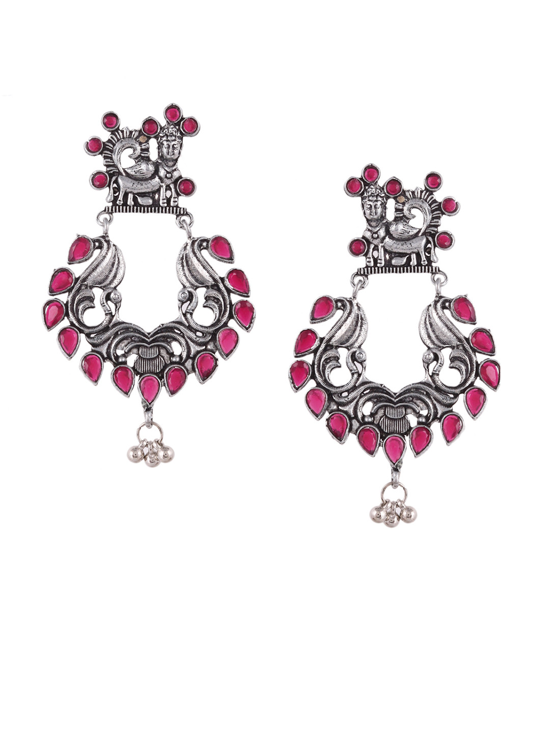 Silvermerc Women Designs Silver-Plated &Pink Oxidised Contemporary Drop Earrings