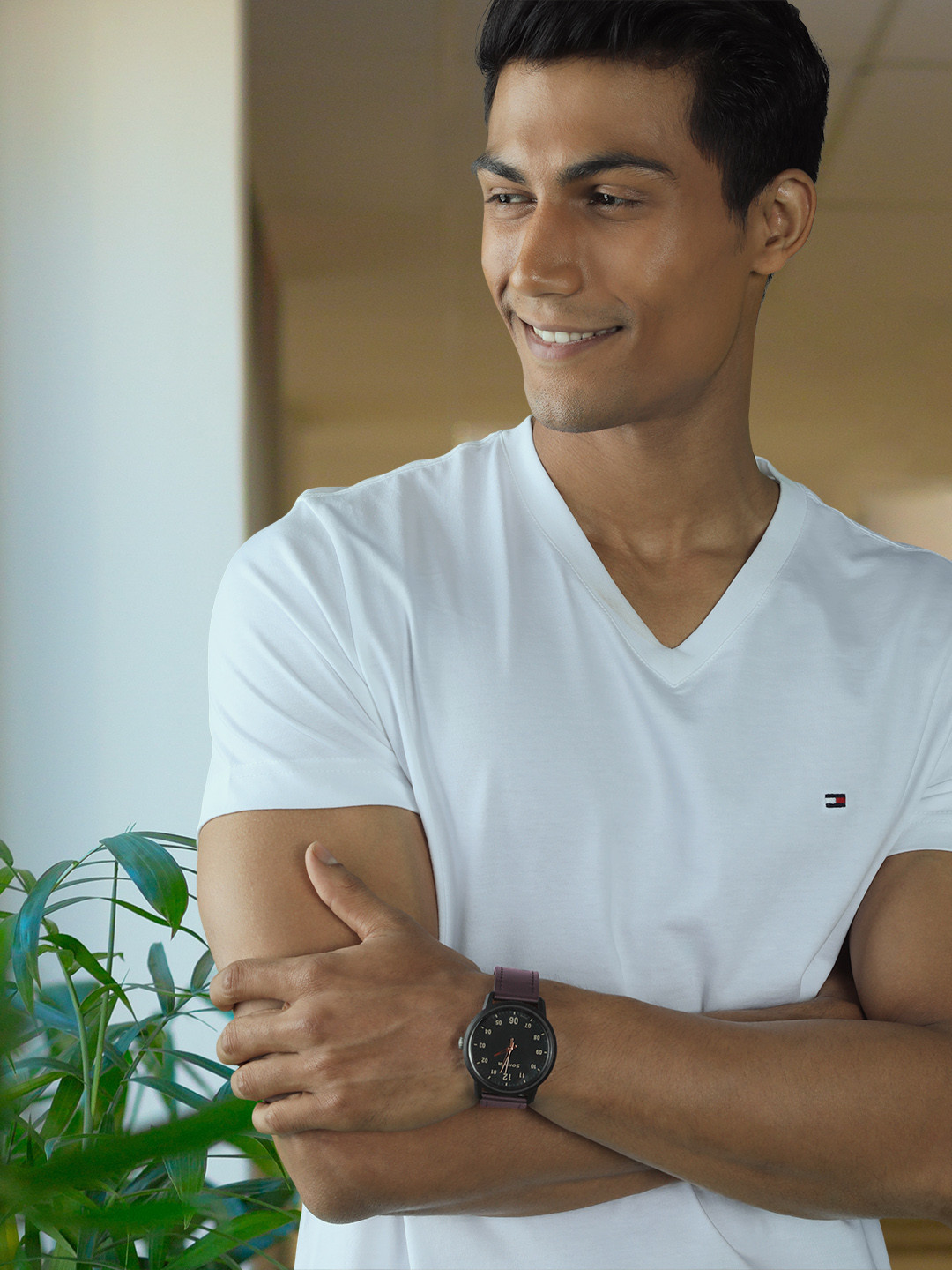 Sonata Men Dark Green Leather Straps Analogue Watch 77085PL02