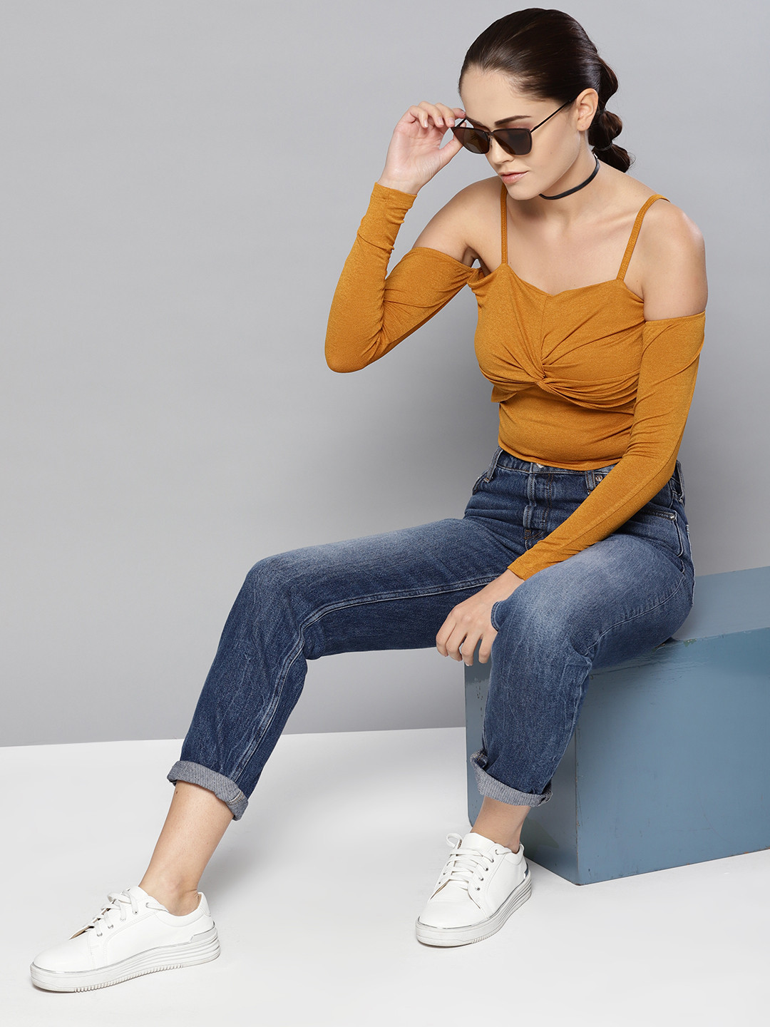 Veni Vidi Vici Women Mustard Yellow Solid Bardot Crop Top