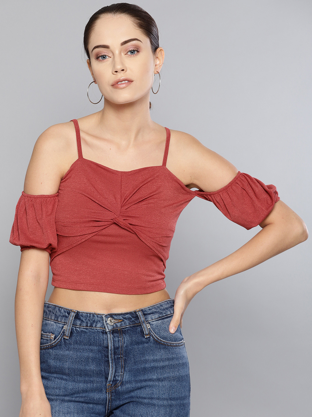 Veni Vidi Vici Women Rust Red Solid Cropped Bardot Top